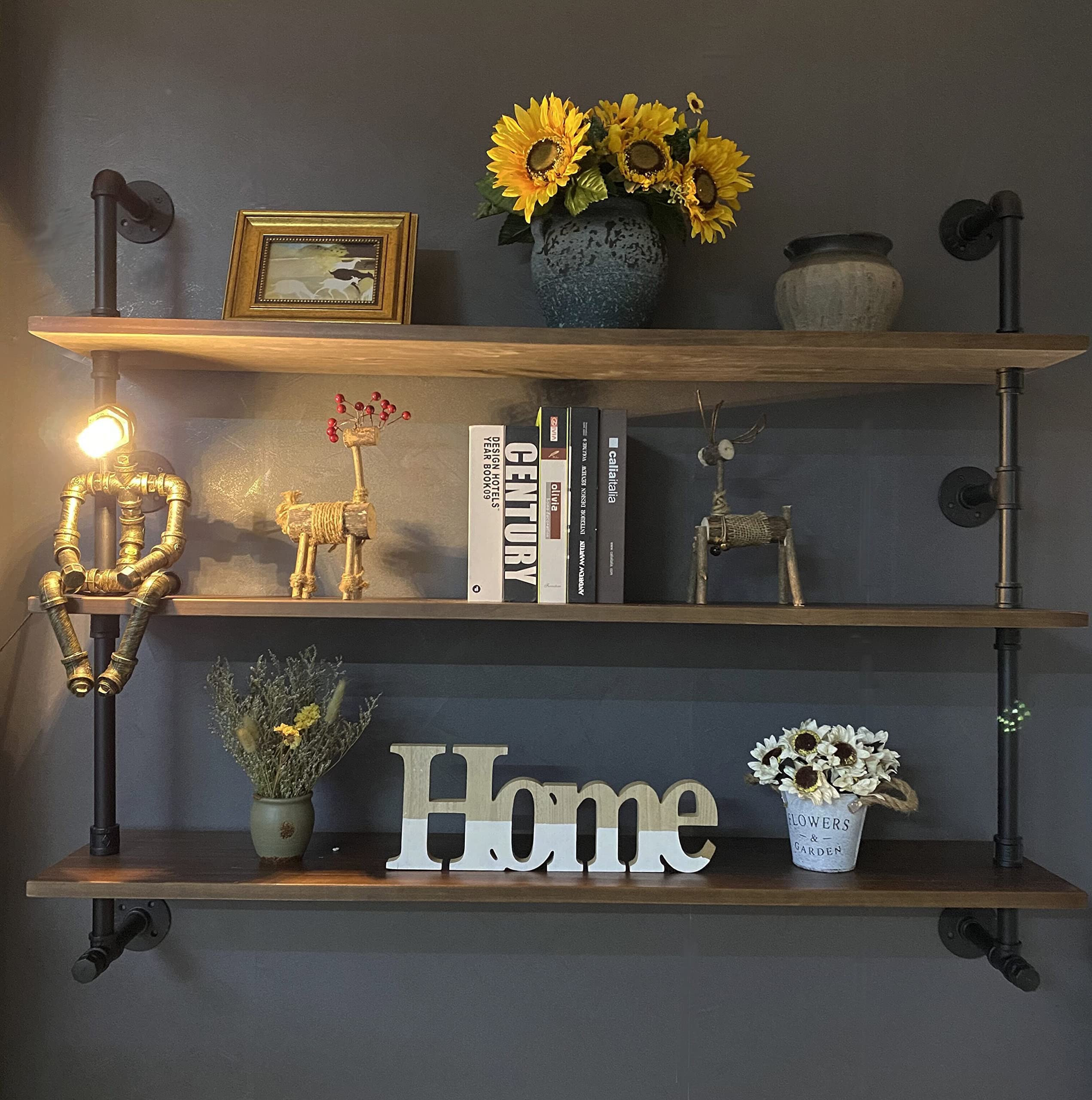 Industrial Pipe Wall Shelves with Solid Wood Planks - 48 Inch Floating Shelf Set, 3-Tier Dark Brown Farmhouse Style for Kitchen, Living Room & Bar Decor - Perfect for Books, Plants & Display Storage