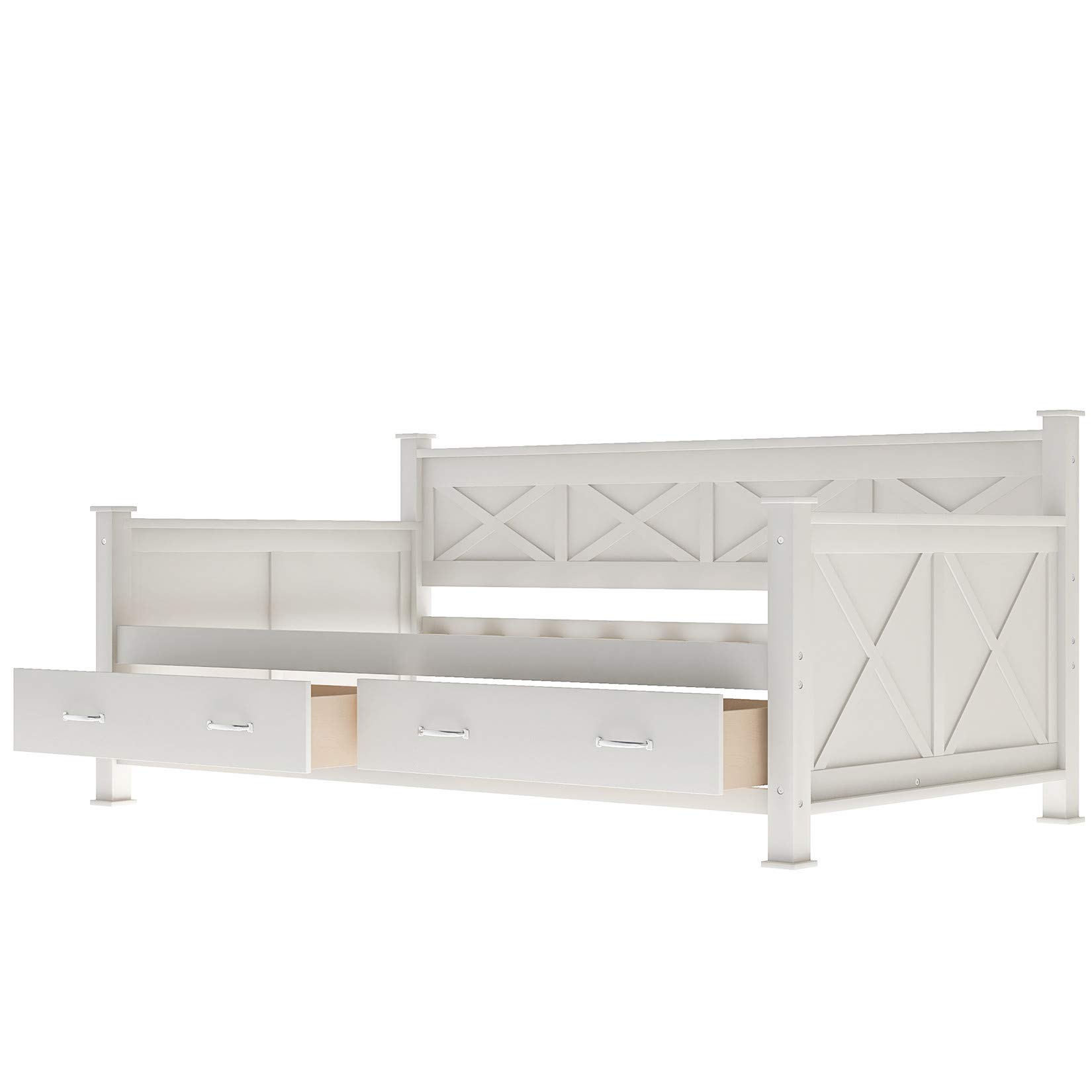 Wooden Daybed with 2 Storage Drawers - Cream Platform Bed for Kids, Guest Room & Sleepovers - Space-Saving Twin Bed with Underbed Storage - Perfect for Small Bedrooms, Dorms & Apartments