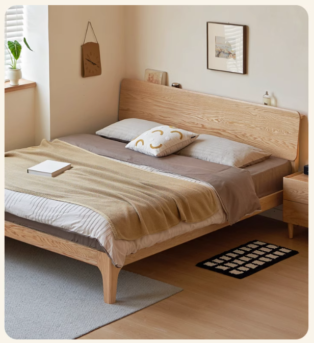 Solid Oak Rubber Wood Bed - Modern Nordic Style Queen/King Size Bed Frame for Bedroom, Living Room & Guest Room