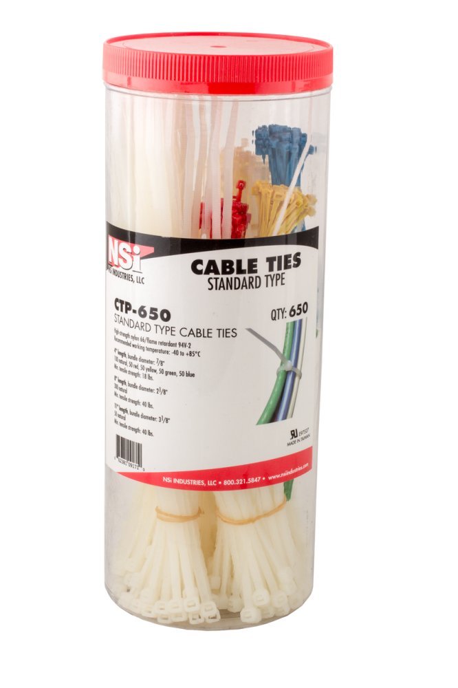 650-Piece Cable Tie Canister Pack - Heavy Duty Nylon Zip Ties for Organizing Wires, Cords & DIY Projects - Ideal for Home, Office & Workshop Use