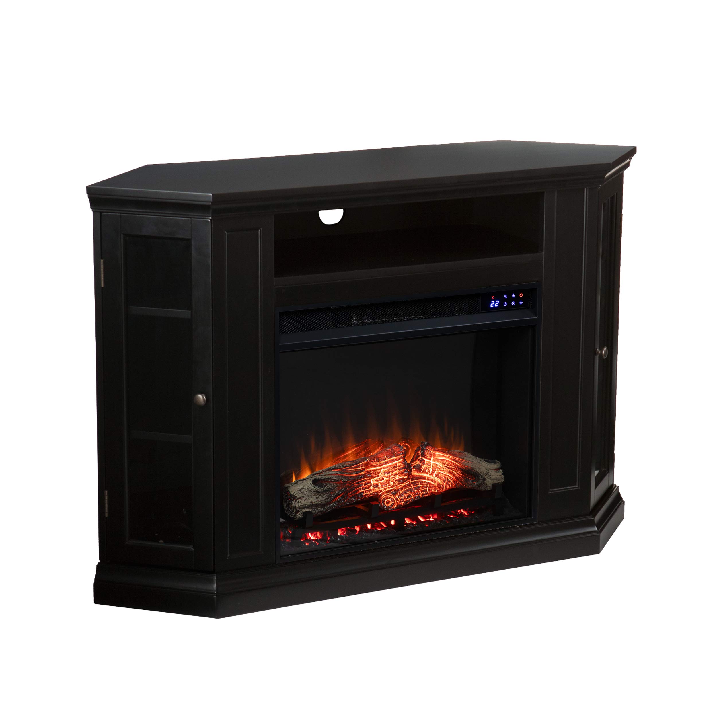 SEI Furniture Claremont Corner Convertible Electric Fireplace with Storage - Black | Modern Space-Saving Design for Living Room, Bedroom & Office