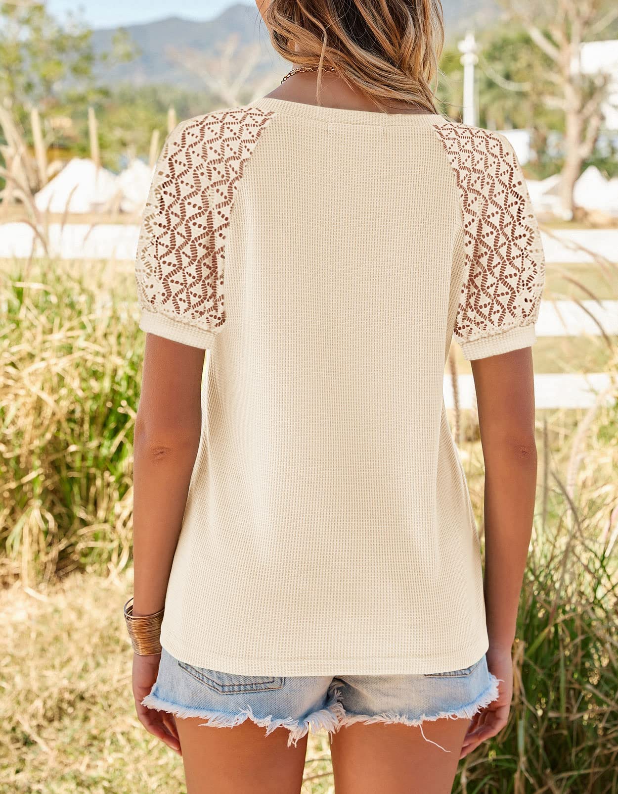 MEROKEETY Women's Summer Lace Short Sleeve V-Neck Blouse - Loose Casual Waffle Knit Top for Beach, Vacation & Everyday Wear