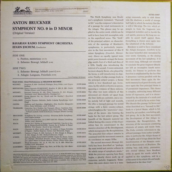 Anton Bruckner Symphony No.9 in D Minor (Original Version) - Eugen Jochum Conducting Bavarian Radio Symphony Orchestra | LP Vinyl Record Album (NM/M Condition) - Perfect for Classical Music Collectors & Audiophiles