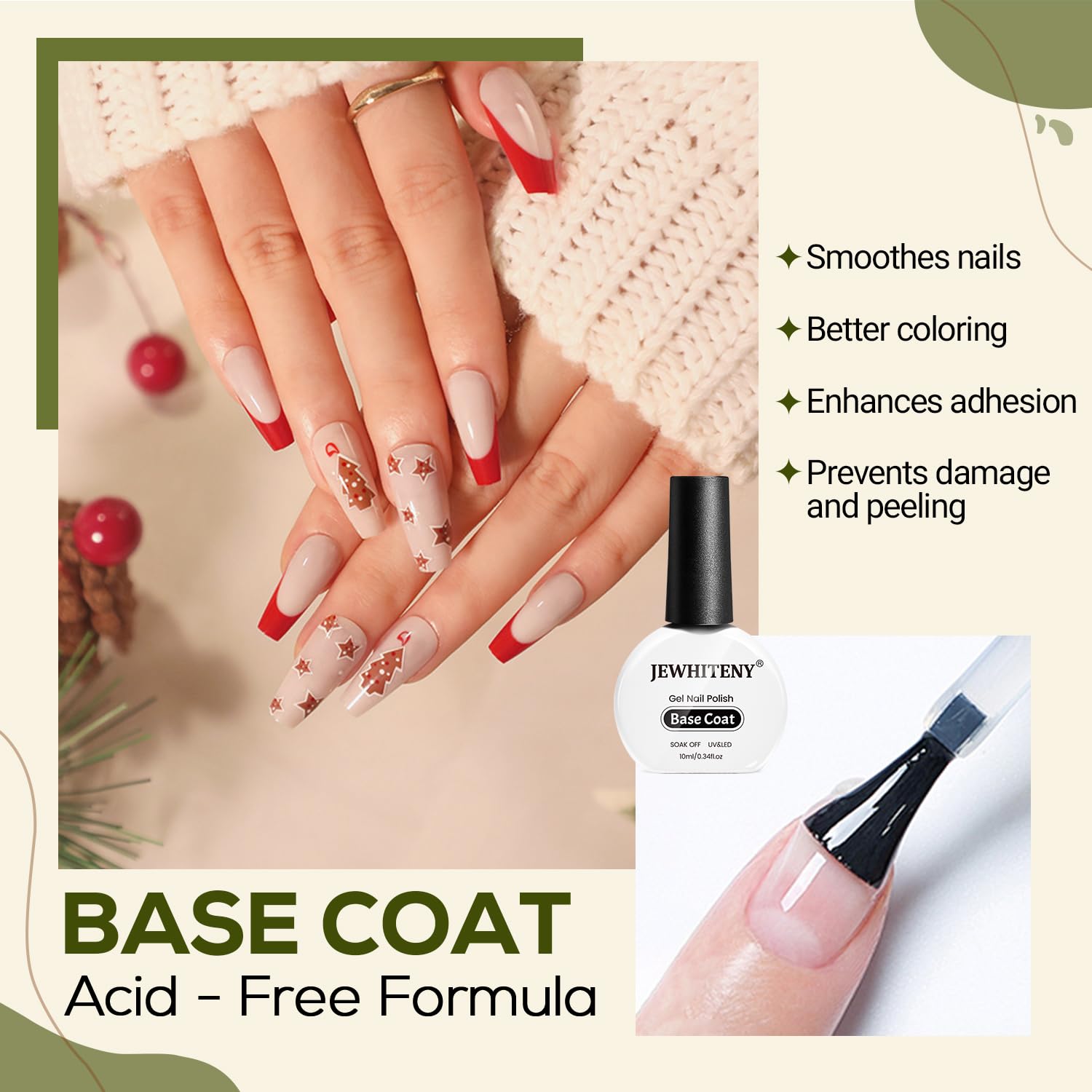 JEWHITENY 10ML Gel Top Coat & Base Coat Set - No Wipe Quick Dry, Long Lasting Glossy Nail Polish for DIY Nail Art | Salon Quality at Home, Manicure & Pedicure