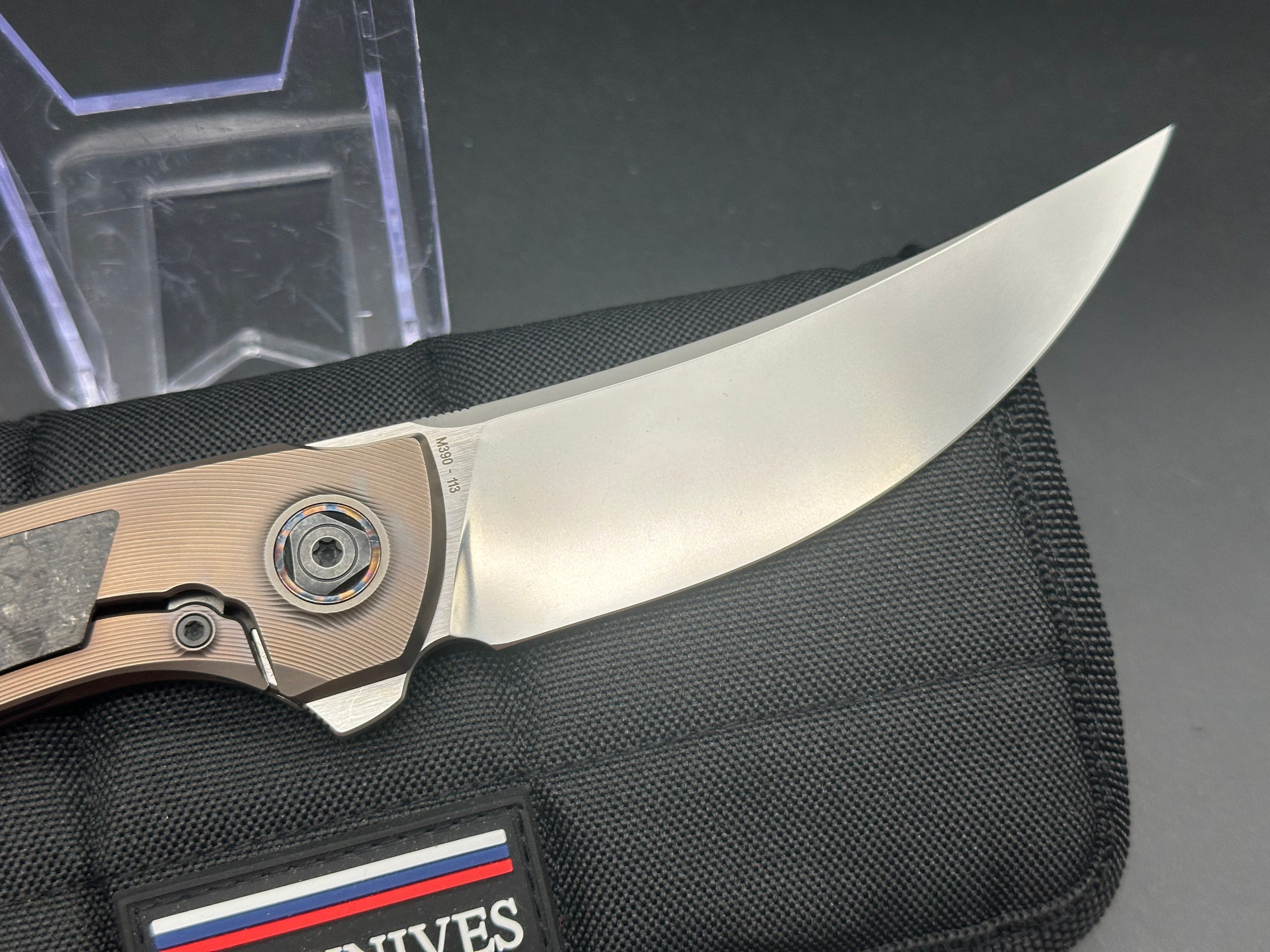 CKF Custom Knife Factory Ablya Folding Knife - Bronze Titanium, Carbon Fiber & Zircuti Handle with M390 Steel Blade - EDC, Outdoor, Camping, Survival Gear