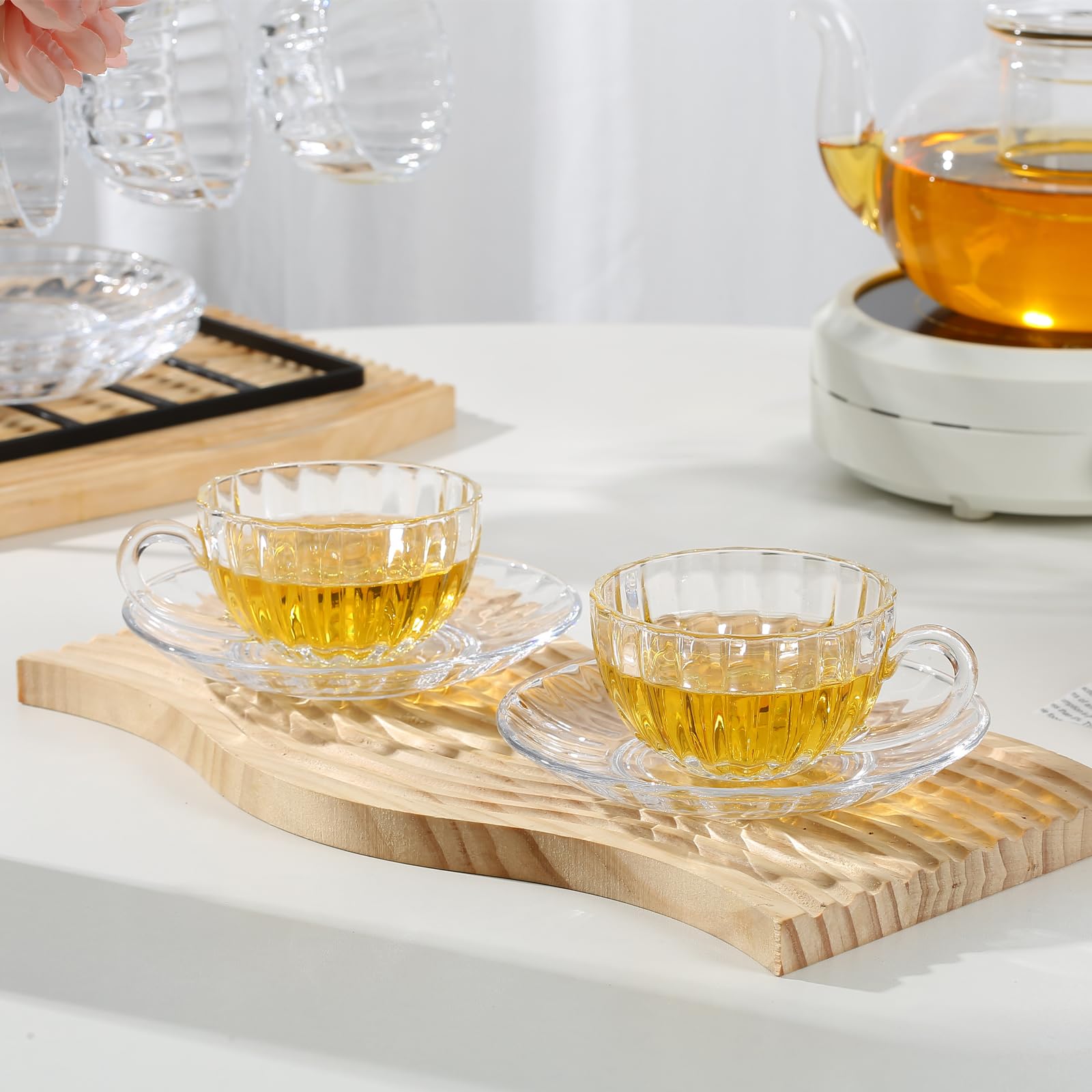 Premium 6-Piece Glass Tea Cup and Saucer Set with Stainless Steel Spoon - 6oz/180ml Clear Coffee Mugs for Espresso, Cappuccino, Latte, Tea & Juice - Dishwasher & Microwave Safe - Perfect for Home, Office, Cafe or Gift Giving