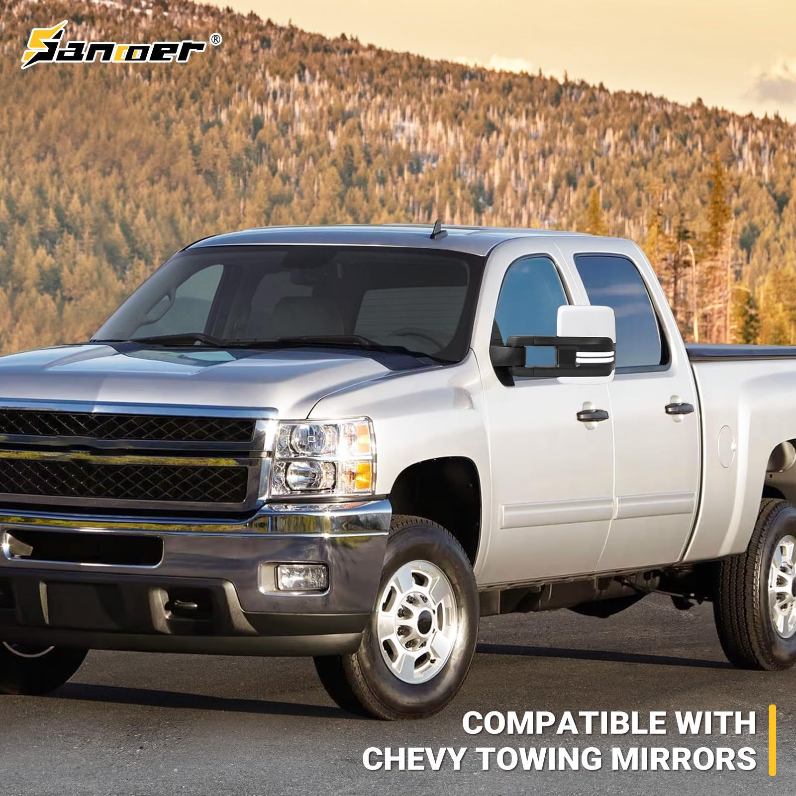 Sanooer Painted White Towing Mirrors with Switchback Dynamic Turn Signal Lights - Compatible with 2007-2013 Chevy Silverado, Suburban, Tahoe & GMC Sierra, Yukon - Power Adjustable, Heated Glass, Running Lights & Backup Lamps - Perfect for Towing, Off-Roading & Night Driving