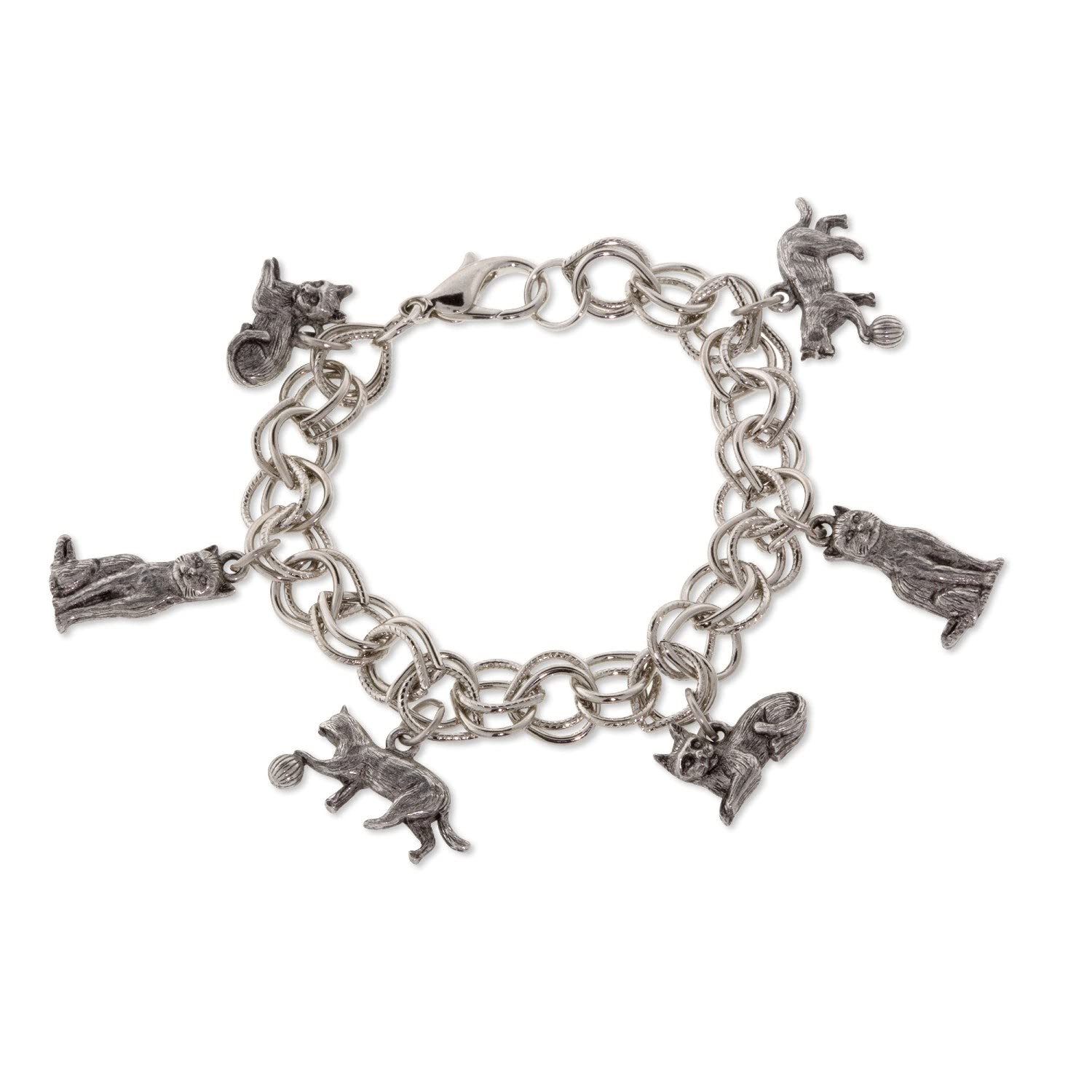 1928 Jewelry Women's Pewter 6 Cat Charm Bracelet - Silver Adjustable Bangle for Cat Lovers - Perfect Gift for Birthdays, Anniversaries & Everyday Wear