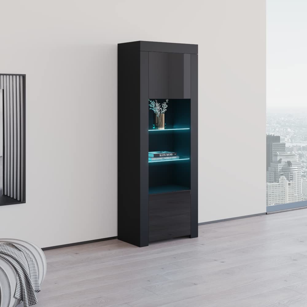 Modern Milano Freestanding Bookcase - Customizable LED Lights, Durable Wooden Bookshelf with High Gloss Finish - Black - Perfect for Living Room, Office & Library Storage