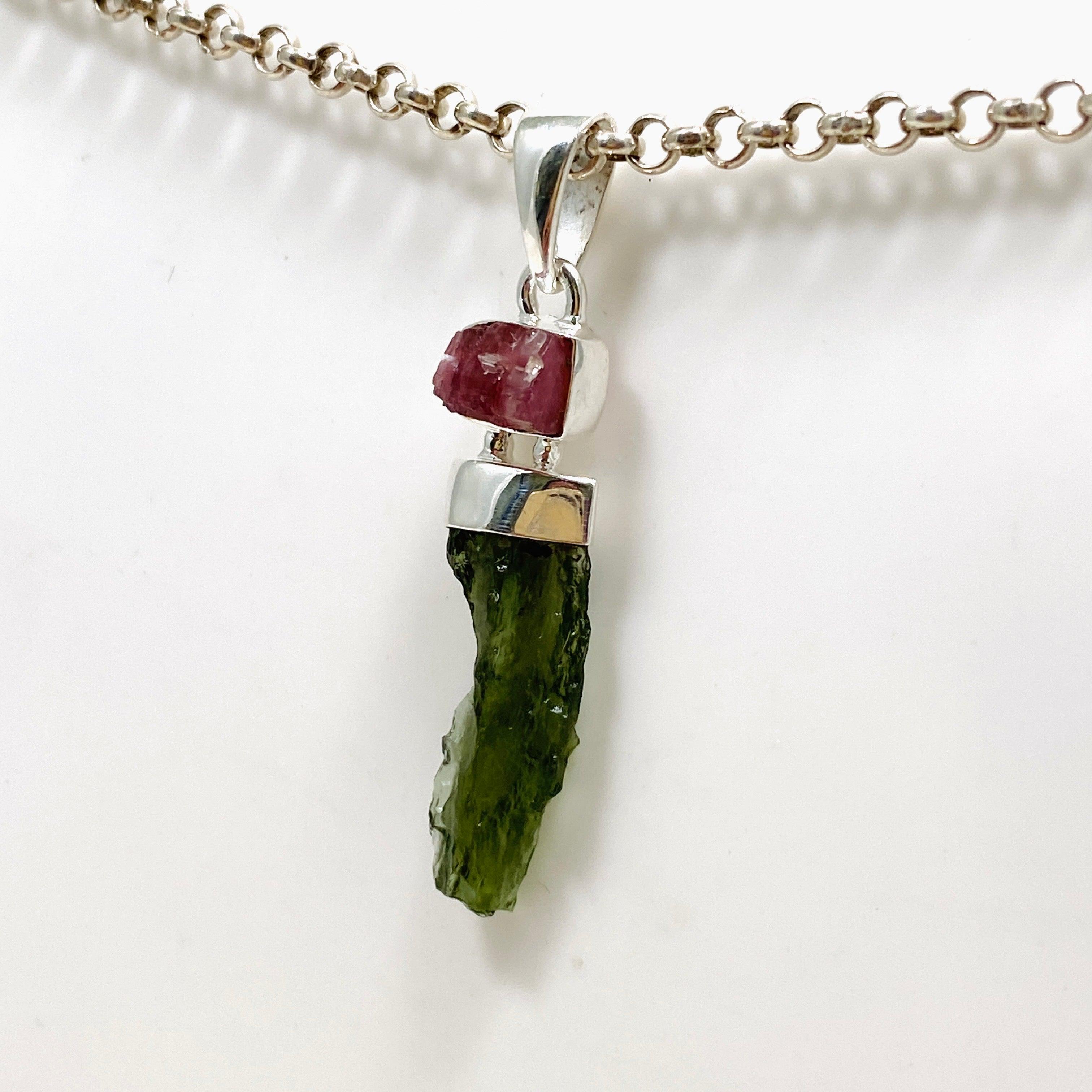 Natural Moldavite & Pink Tourmaline Pendant Necklace CGJ 04 - Spiritual Healing Jewelry for Meditation & Energy Protection