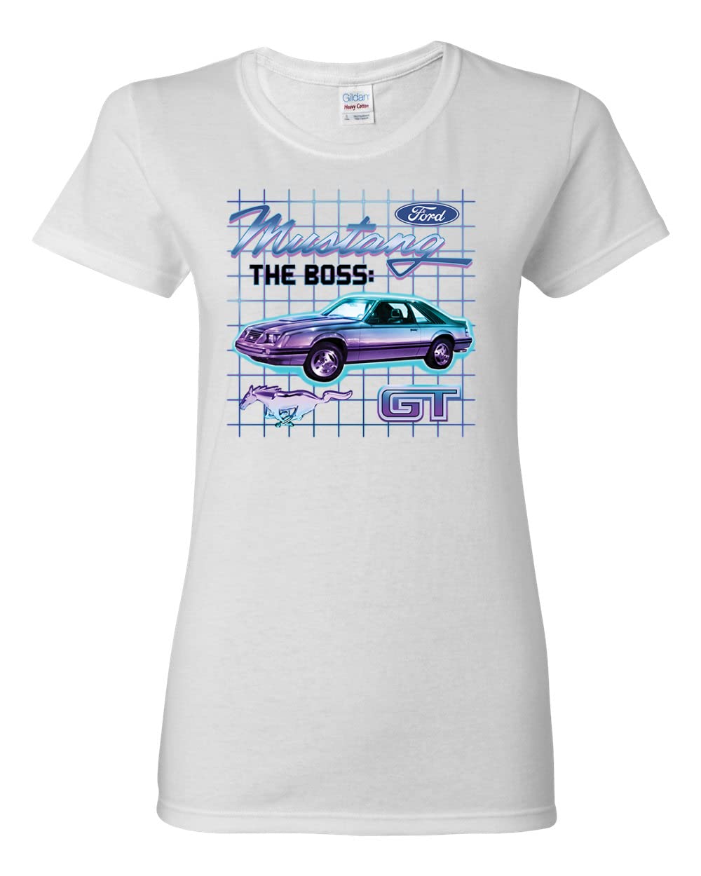 Ford Mustang GT The Boss Retro Neon Vintage Graphic T-Shirt for Women - Classic Muscle Car Tee for Casual Wear, Car Shows & Mustang Enthusiasts