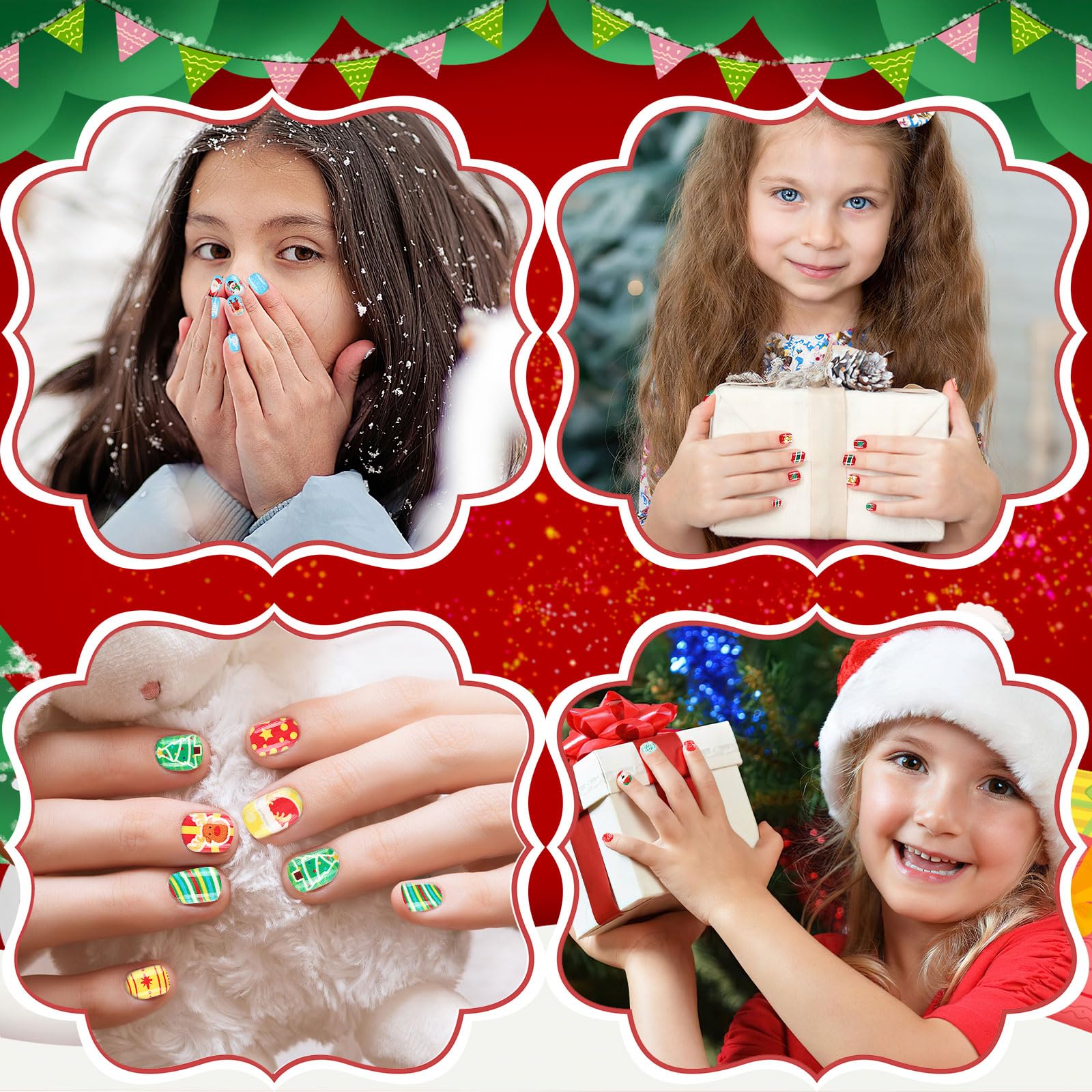 216Pcs Christmas Press on Nails for Kids - 9 Pack Short False Nail Tips with Holiday Designs | Girls Nail Art Decorations | Perfect for Christmas Parties, Gifts & Festive Nail Fashion
