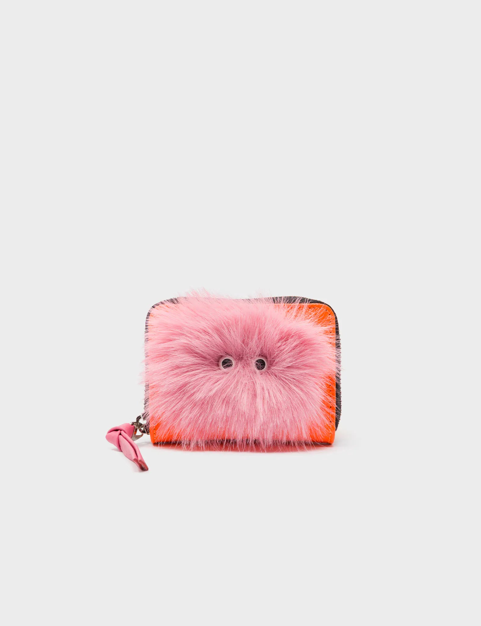 Frodo Neon Orange Leather Zip Around Wallet with Fuzzy Monster Applique - Stylish & Durable for Everyday Use, Travel, and Gifts