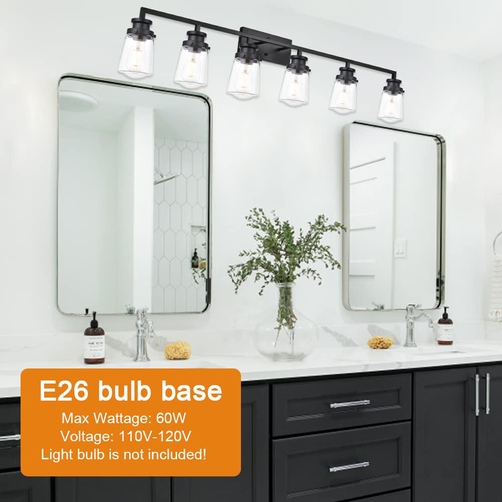 VINLUZ 6-Light Matte Black Bathroom Vanity Light Fixture - Modern Wall Mounted Mirror Lighting with Clear Glass Shades & E26 Base | Perfect for Contemporary Bathrooms, Powder Rooms & Dressing Areas