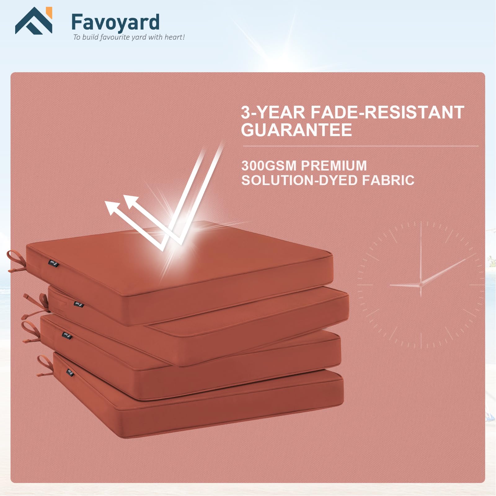 Favoyard 19x19x2 Inch Outdoor Chair Cushions Set of 4 - Waterproof Patio Seat Cushions with Hidden Zipper & Straps, Fade Resistant for 3 Years - Perfect for Dining Chairs, Garden Furniture, Poolside Lounging and Backyard Relaxation