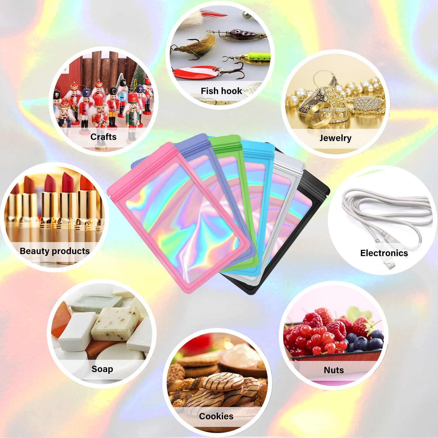 100-Pack 4×6 Inch Resealable Mylar Bags - Holographic Stand-Up Pouches for Jewelry, Candy, Food Samples, Party Favors & Small Business Packaging (Black) | Perfect for Gift Packaging, Retail Display & Bulk Storage