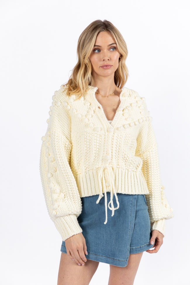 Chunky Knit Cardigan for Women - Pom Party Cream Cinched Waist Sweater | Cozy Winter Pullover for Casual Outfits & Office Wear