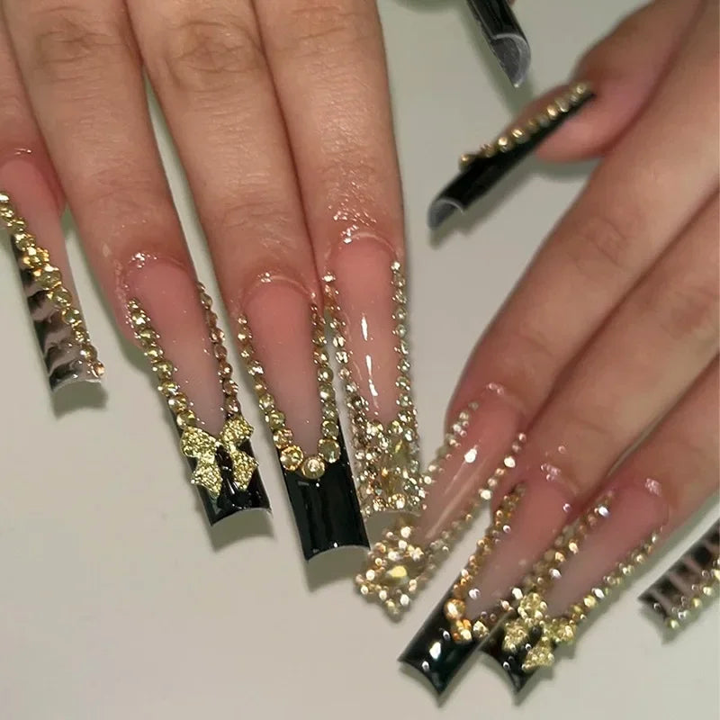 24Pcs French Tip Press on Nails - Long Glitter Rhinestone False Nails with 3D Bow Tie Designs | Wearable Y2K Fake Nails Kit Includes Jelly Glue | Perfect for Parties, Weddings, and Special Occasions