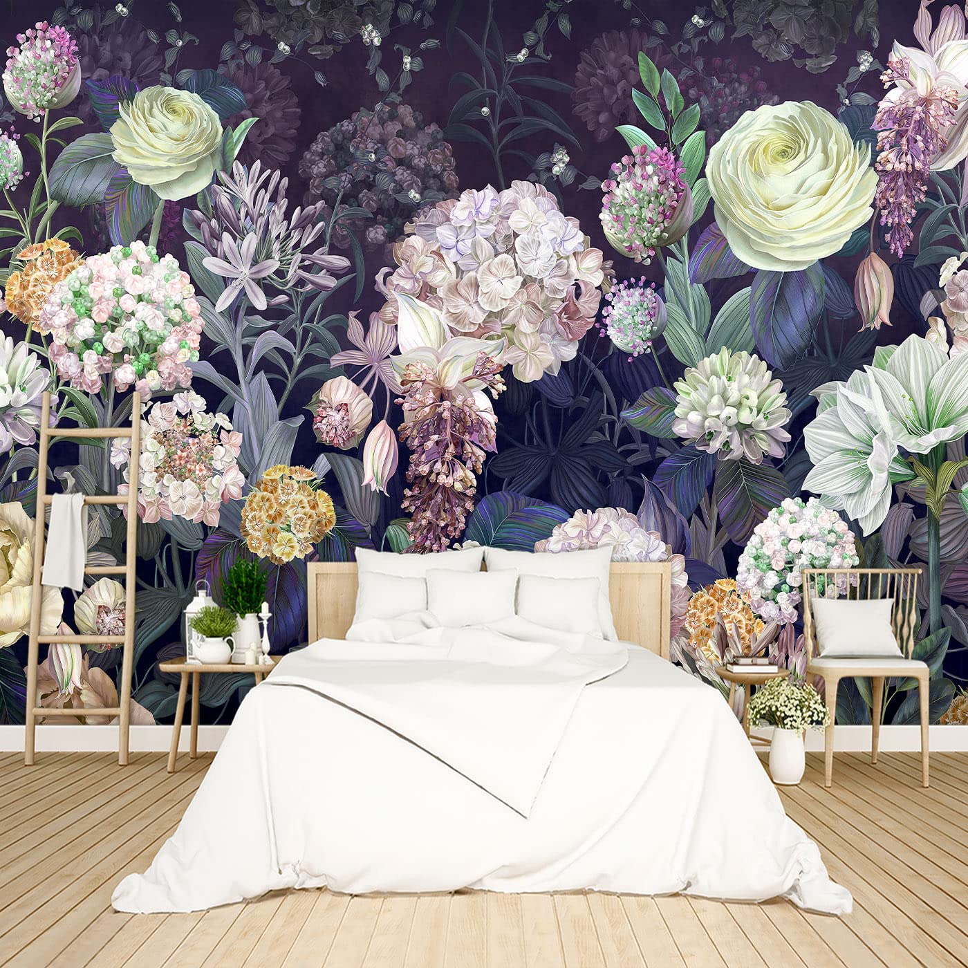 Black Floral Wallpaper - Purple Botanical Flowers Leaf Mural for Bedroom & Living Room | Large 137x96 Inch Non-Peel & Stick Wall Decor | Perfect for TV Background, Accent Walls & Aesthetic Room Design