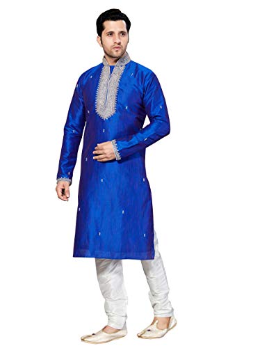 Men's Blue Dupioni Raw Silk Indian Kurta Pajama Set - Traditional Ethnic Wear for Weddings, Festivals & Cultural Events