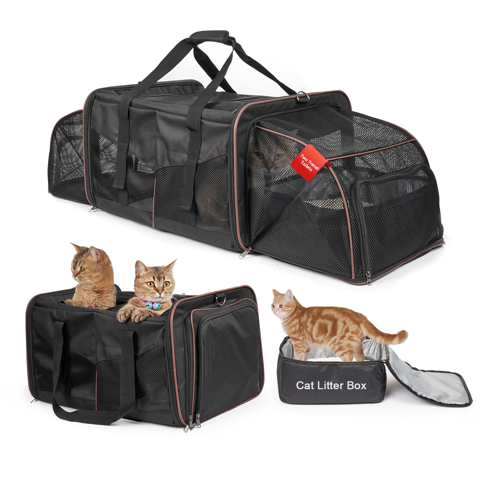 **Premium Double-Compartment Cat Travel Carrier with Built-in Litter Box – Soft, Expandable & Portable for 2 Cats (Up to 35 lbs) – Ideal for Road Trips, Camping, Hiking & Vet Visits – Black**