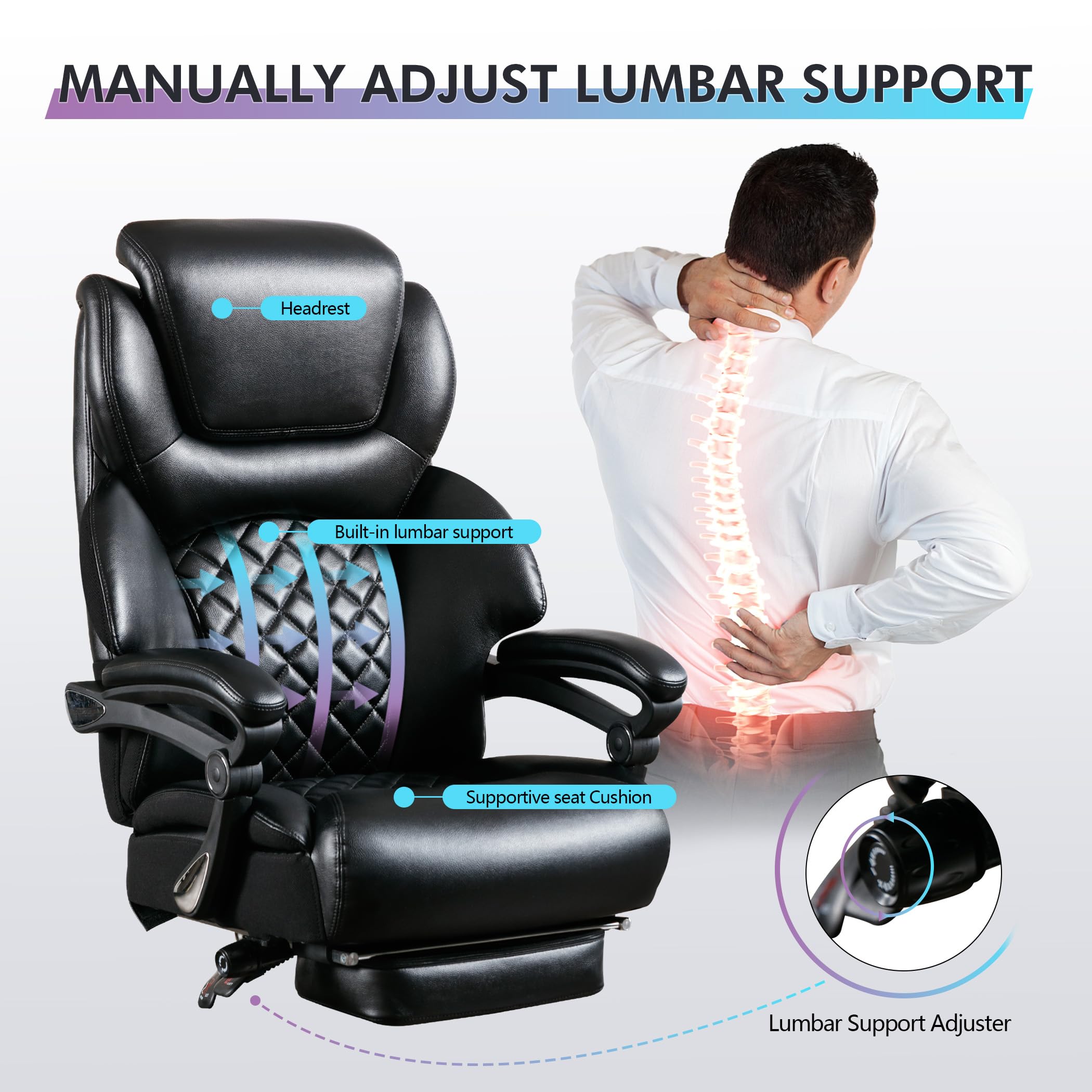 Big and Tall Office Chair for Heavy People up to 500 lbs - Extra Wide High Back Executive Chair with Reclining Feature, Footrest & Lumbar Support - Premium PU Leather Ergonomic Desk Chair for Home Office, Gaming, and Workspace Comfort