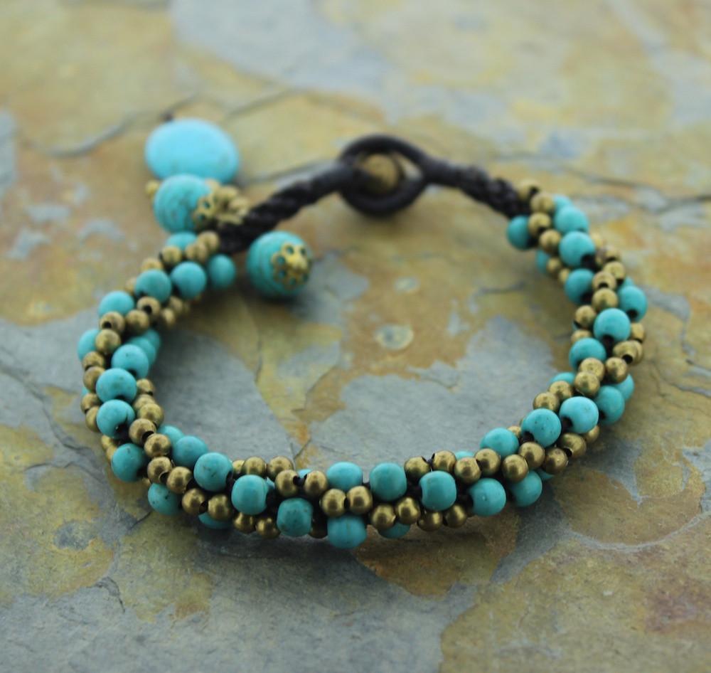 Handmade Himalayan Turquoise & Brass Beaded Bracelet for Women - Boho Chic Jewelry for Casual Wear, Yoga & Meditation
