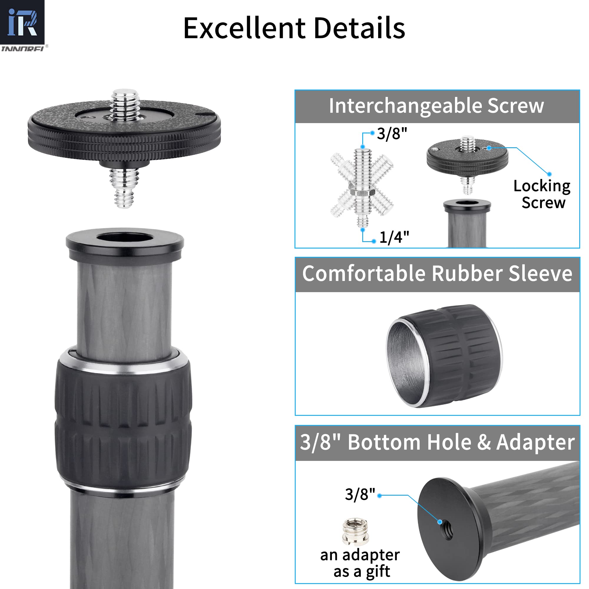 INNOREL ER322C Carbon Fiber Tripod Extension Pole - 10-Layer, 32.5mm Tube, 55lbs Capacity, 3/8