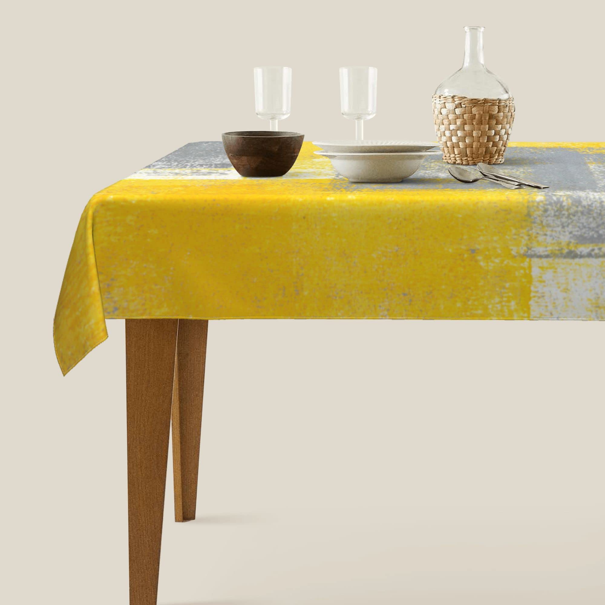 Yellow and Gray Abstract Washable Tablecloth 60x90 Inch - Durable Kitchen Dining Room Table Cover for Home Decor, Parties, and Outdoor Events