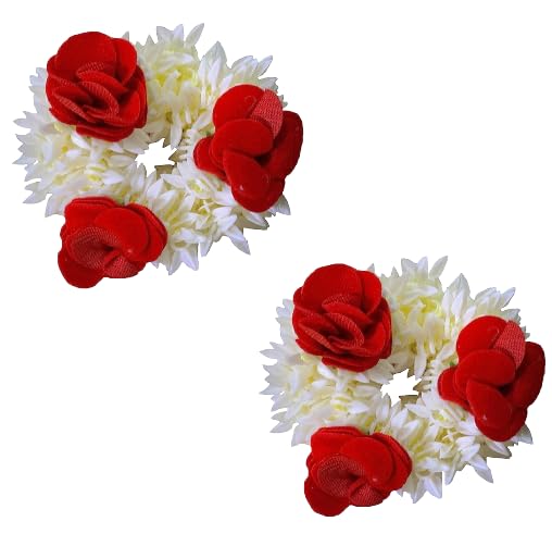 2 Pcs Mogra Scented Hair Bands for Women - Hair Bun & Scrunchies Accessories (Yellow/Red) - Perfect for Parties & Weddings