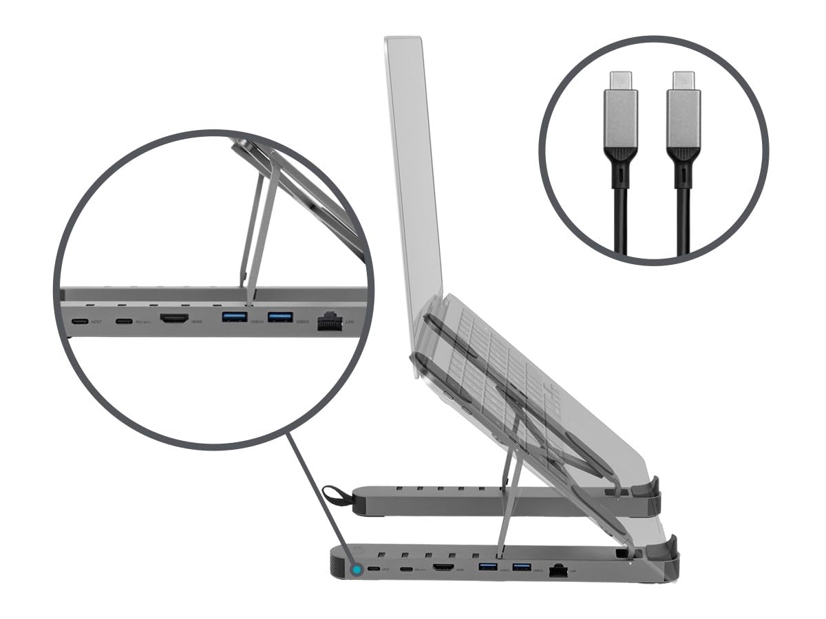 Monoprice 6-in-1 Portable Folding Laptop Stand with USB-C Docking Station - 4K HDMI, Gigabit Ethernet, Adjustable Angles, Multi-Port Hub for MacBook, Dell, HP - Perfect for Home Office, Remote Work & Travel