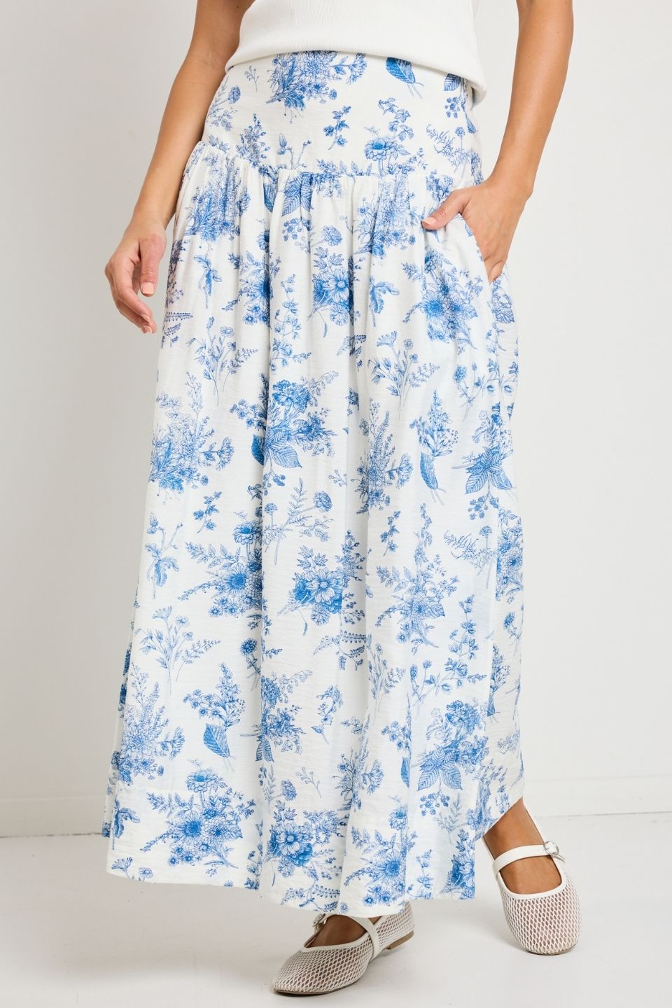Affinity Porcelain Print Shirred Back Tiered Maxi Skirt - Flowy Boho Summer Dress for Women, Beach Vacation & Date Night Outfit