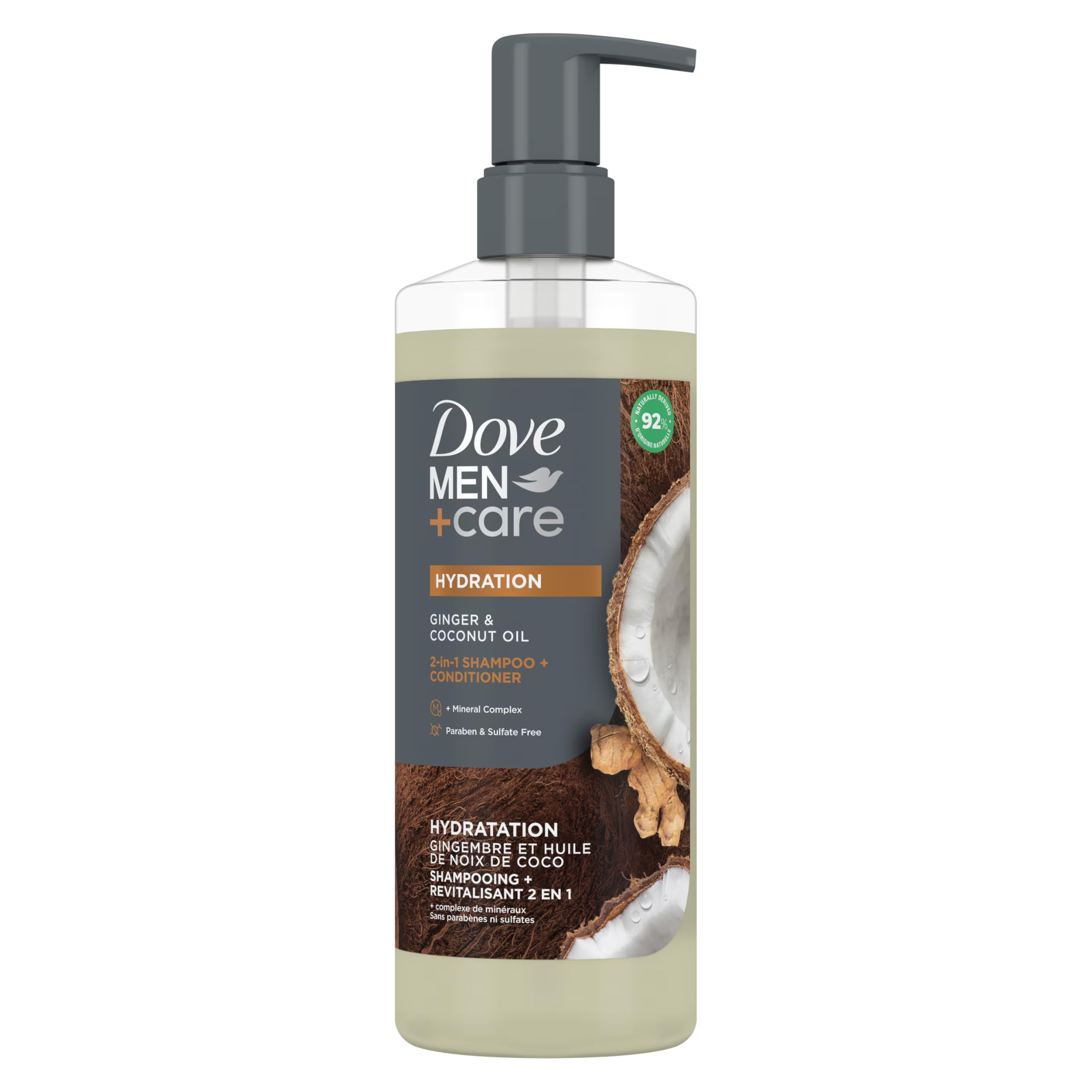 Dove Men+Care 2-in-1 Shampoo and Conditioner with Ginger & Coconut Oil - Hydrating Hair Care for Men, Mineral Complex Formula, 17.5 oz Bottle - Perfect for Daily Shower Routine and Travel