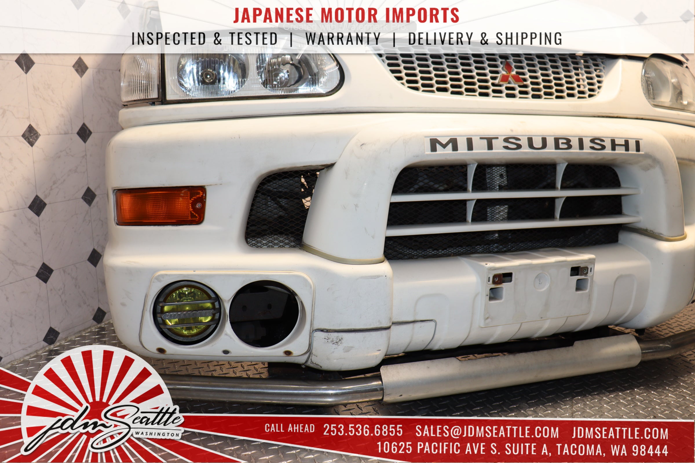 1997-2007 Mitsubishi Delica Front End Kit - Complete Nose Cut with Hood, Bumper & Headlights (White) | JDM Parts Replacement for Off-Road Adventures & Restoration Projects