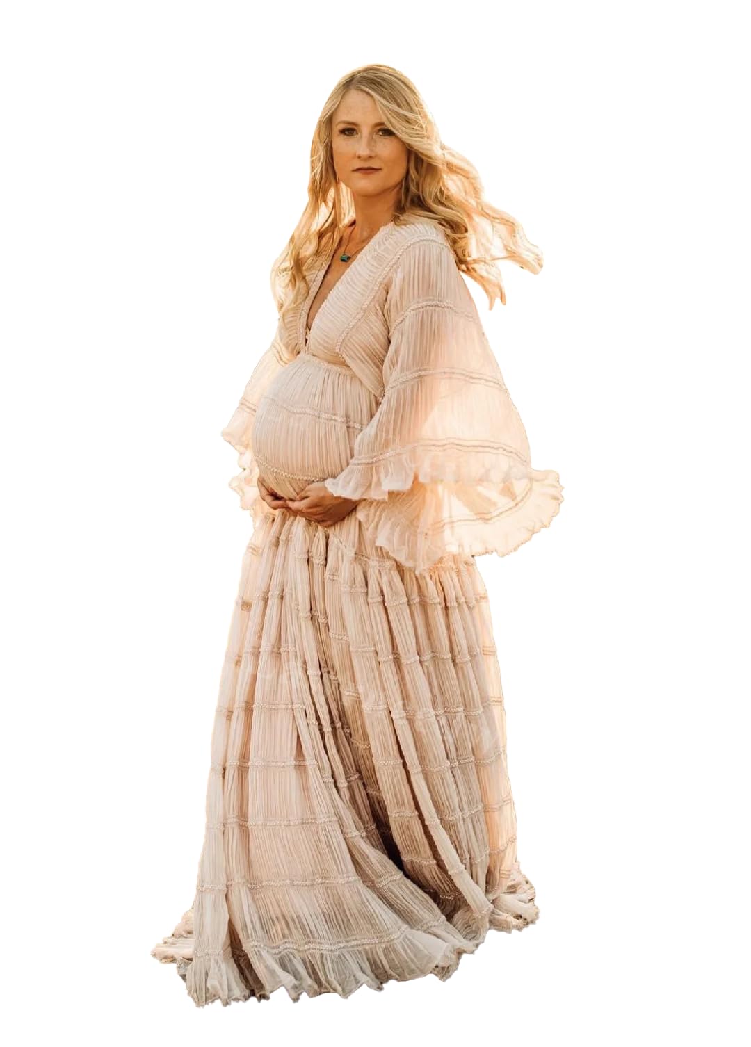 Elegant Tulle Maternity Robe for Photoshoot - V-Neck Long Sleeve Pregnancy Gown for Baby Shower, Bridal Lingerie with Puffy Sleeves & Ruffle Slit - Perfect for Maternity Photos, Bridal Showers & Special Occasions
