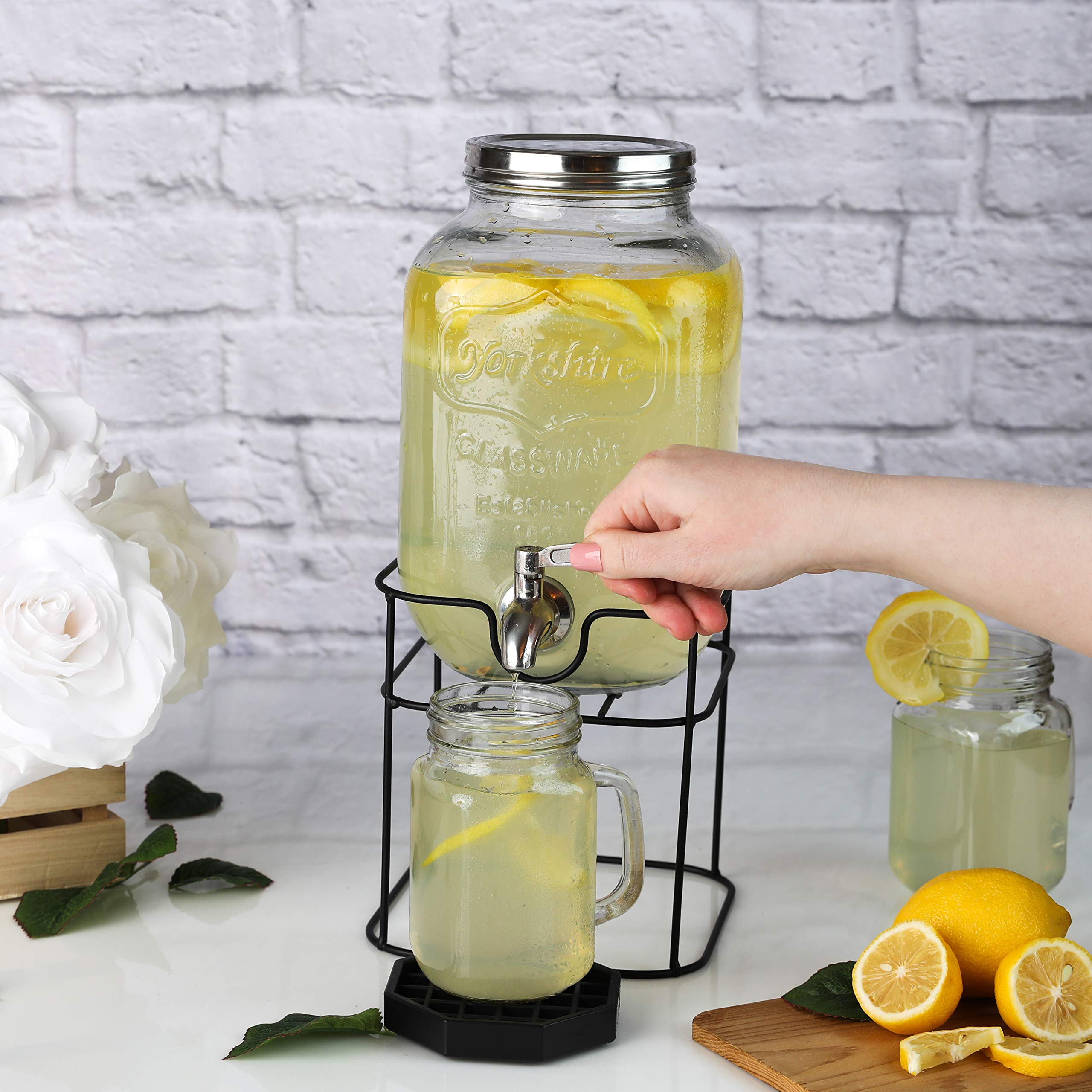 1 Gallon Glass Beverage Dispenser with Stainless Steel Spigot & Metal Stand - Large Mason Jar Drink Dispenser for Parties, Weddings, BBQs, Sun Tea, Iced Tea, Kombucha - Perfect for Outdoor Events, Catering & Home Entertaining