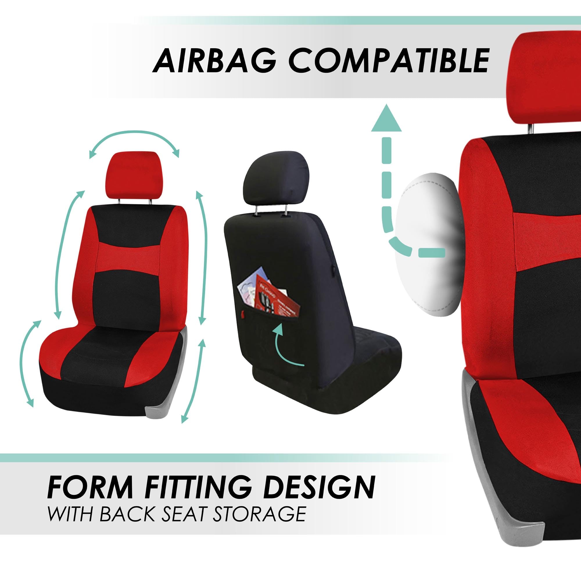 FH Group Light & Breezy Cloth Full Set Car Seat Covers Combo - Universal Fit for Cars, Trucks & SUVs (Steering Wheel Cover, Seat Belt Pads, Black Vinyl Floor Mats) - Red/Black - Perfect for Road Trips & Daily Commute