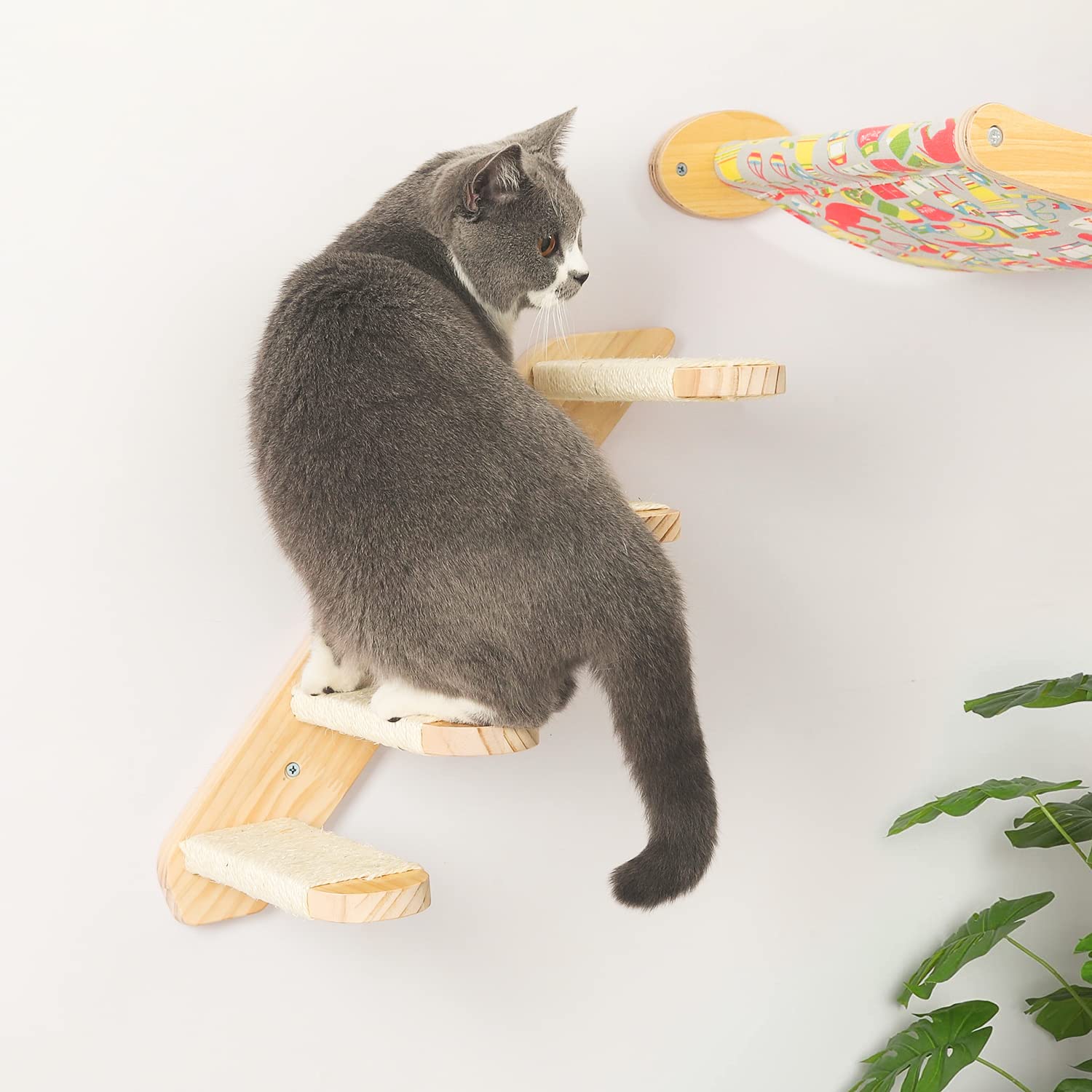 Reversible Wooden Cat Wall Steps & Shelves - 4-Step Climbing Shelf with Sisal Scratching Rope | Wall-Mounted Cat Perch Platform for Large Cats | Perfect for Small Spaces, Cat Exercise & Play Areas