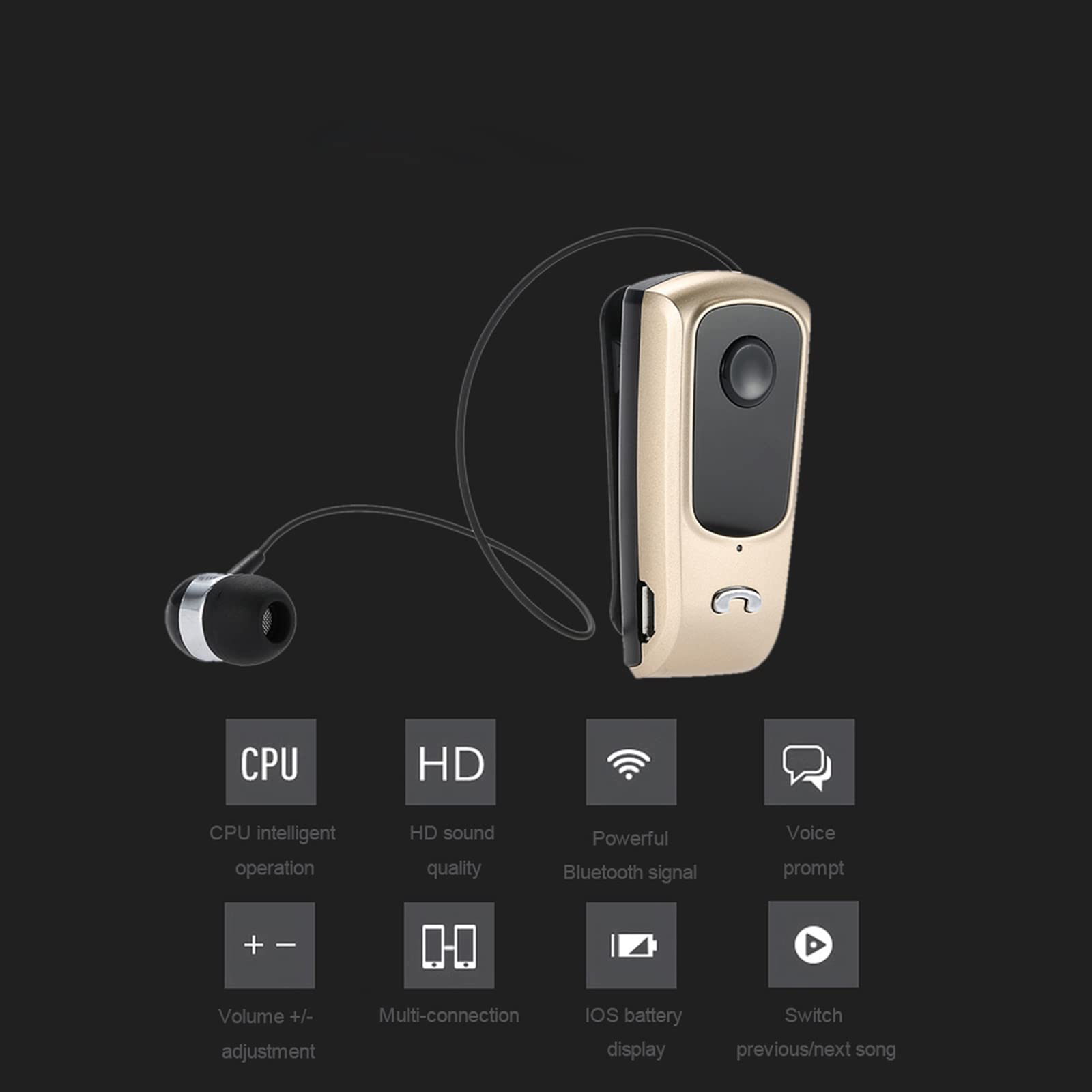 SHUAIGUO F920 Wireless Bluetooth Headphones with Vibrating Alert - Bluetooth 4.0 Stereo Headset, Hands-Free Earphone, Multi-Connection, Retractable Cable & Clip - Compatible with iPhone 6S/6 Plus - Perfect for Workouts, Commuting & Office Use