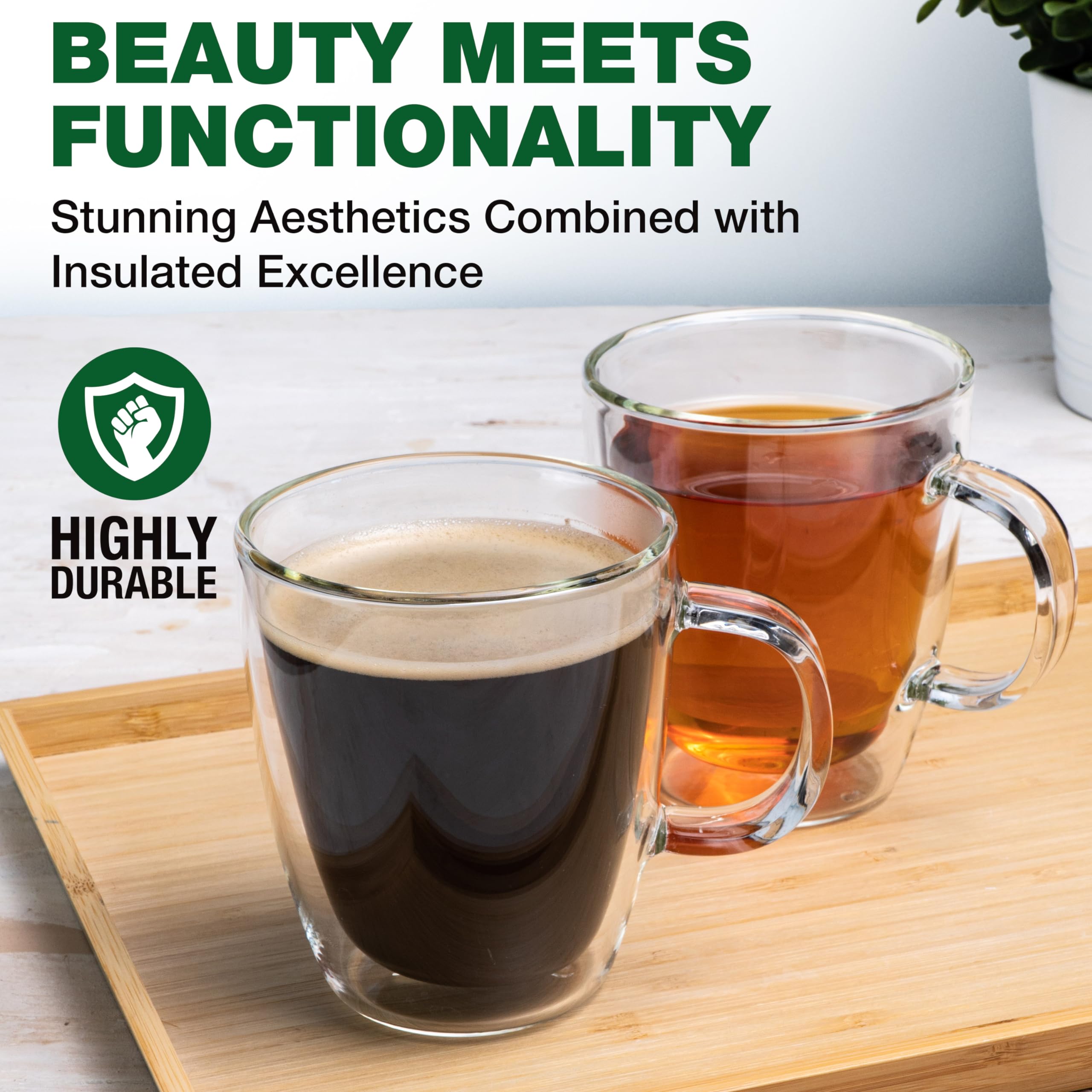 Eparé 12 oz Double Wall Coffee Mugs Set of 2 - Large Iced Latte Glass Cups with Handle - Lightweight Insulated Coffee Mug for Cappuccino, Tea & Espresso - Perfect for Home, Office & Gifts