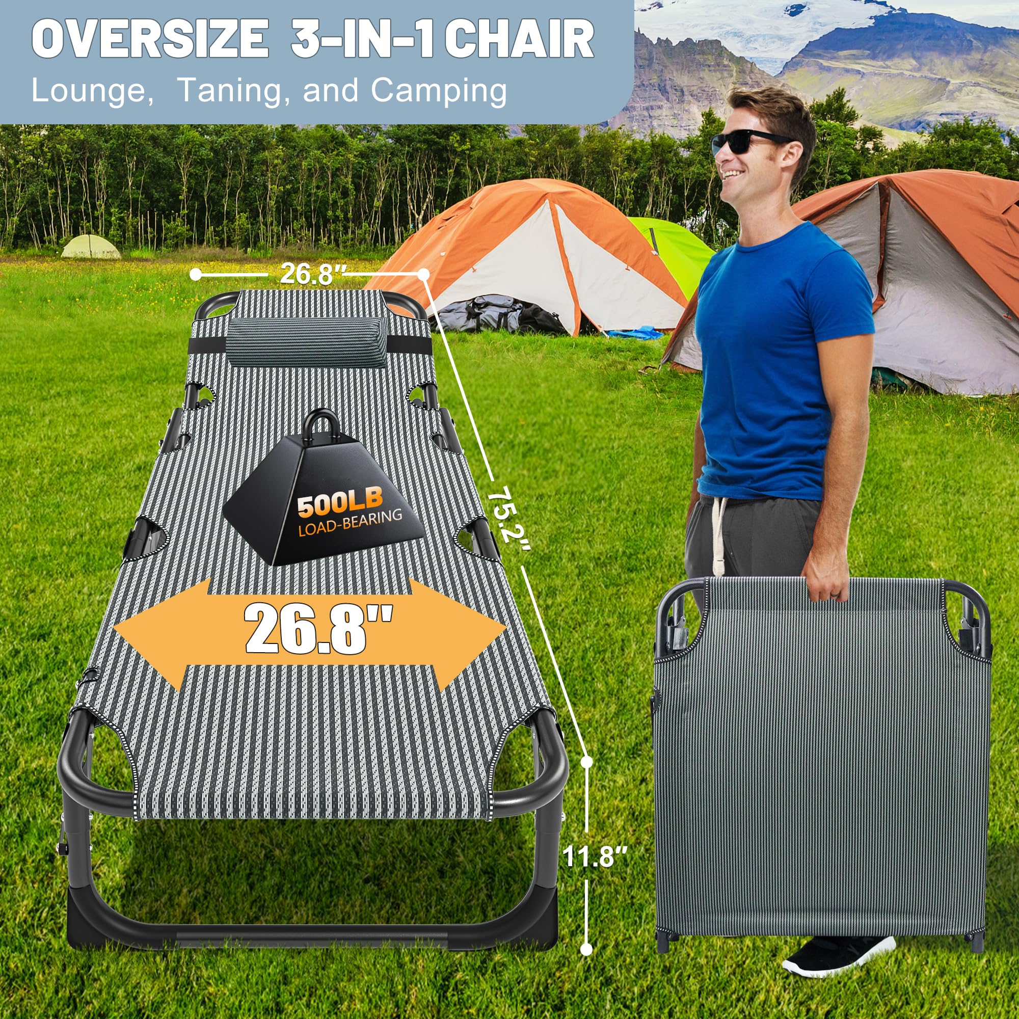 Slsy 5-Position Folding Cot for Adults - Portable Chaise Lounge Chair for Outdoor, Beach, Camping & Pool - Lightweight Sunbathing Bed for Lawn, Patio & Backyard Relaxation