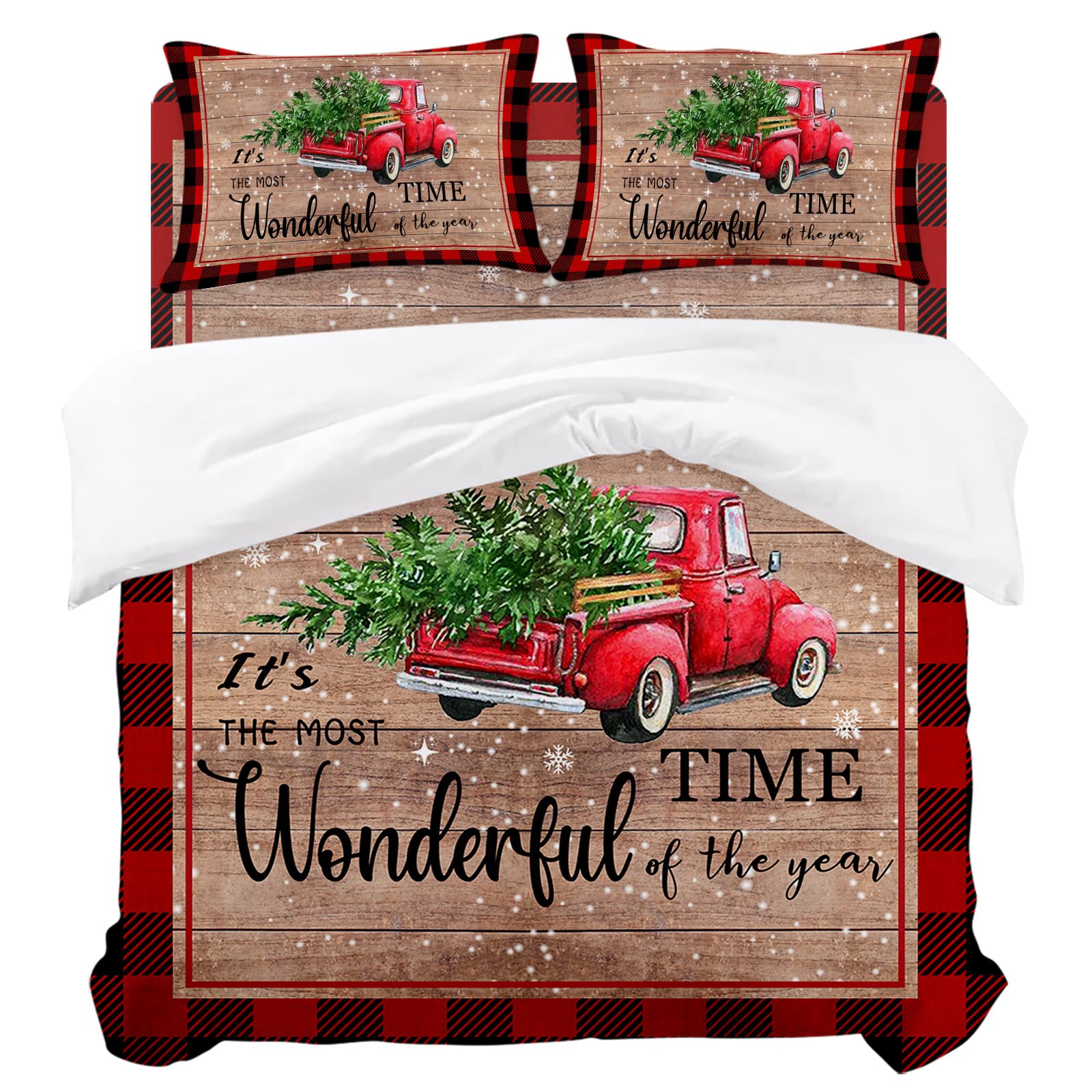 King Size Microfiber 4-Piece Duvet Cover Set - 1 Duvet Cover, 1 Bed Sheet & 2 Pillow Shams - Rustic Red Truck with Christmas Tree Design on Wooden Background - Cozy Holiday Bedding for Winter Home Decor