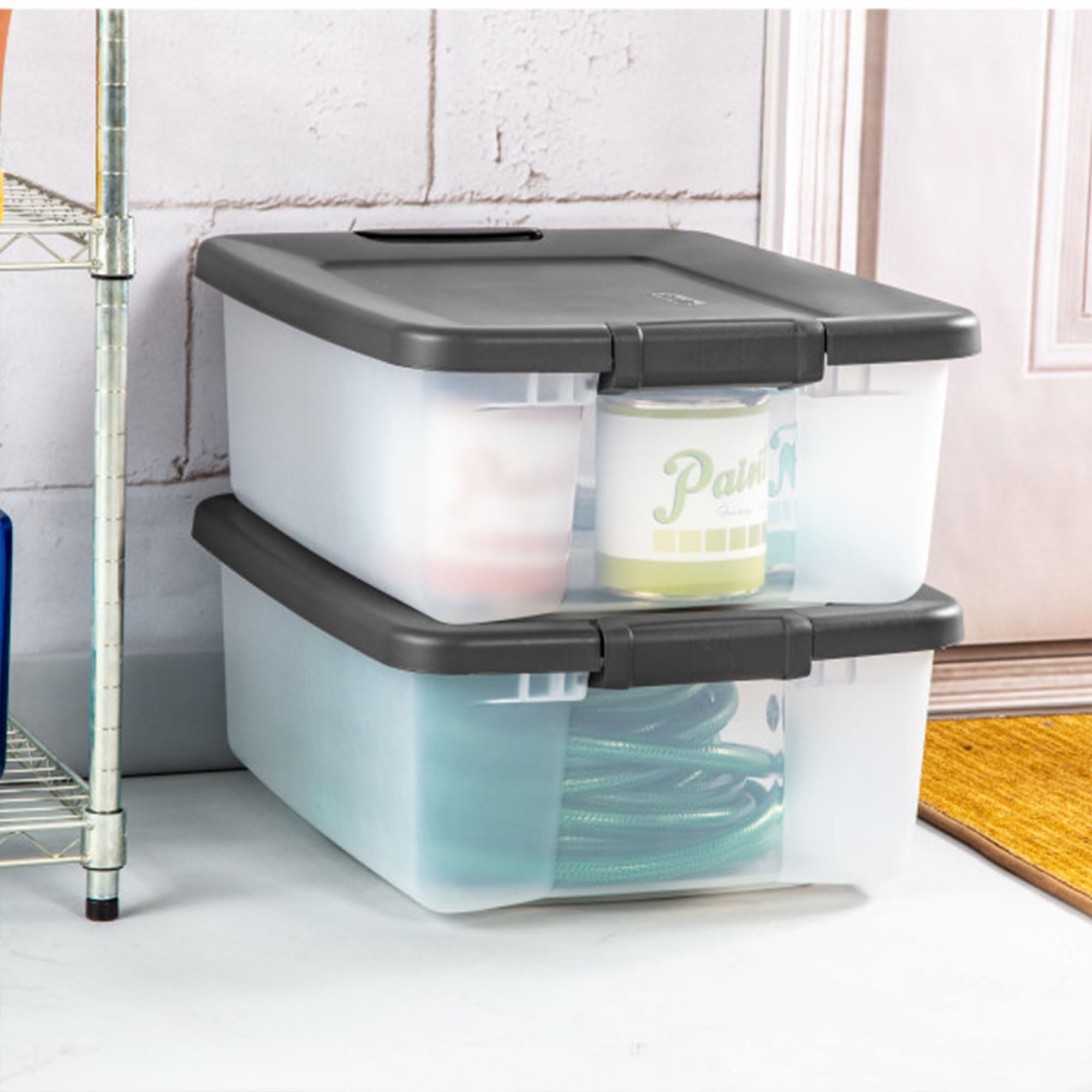 Sterilite 12-Pack 25 Qt Clear Plastic Storage Bins with Lids - Stackable Shelf Totes for Home Organization, Closet, Pantry & Office Supplies Storage - Durable Gray Containers