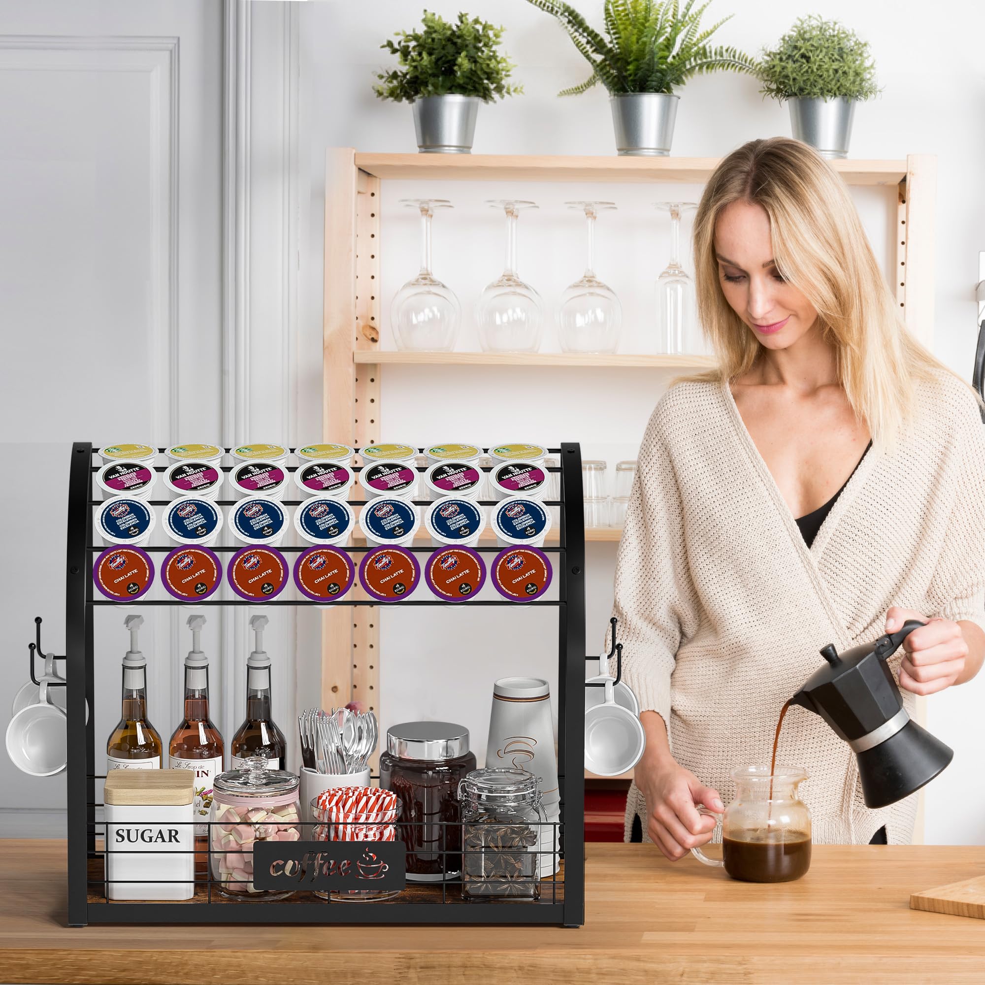 2-Tier Metal K Cup Holder with 4 Coffee Mug Hooks - Multi-Functional Coffee Station Organizer for Countertop, Wooden K Cup Tray - Perfect for Home Kitchen, Office Coffee Bar & Small Space Organization (Black)