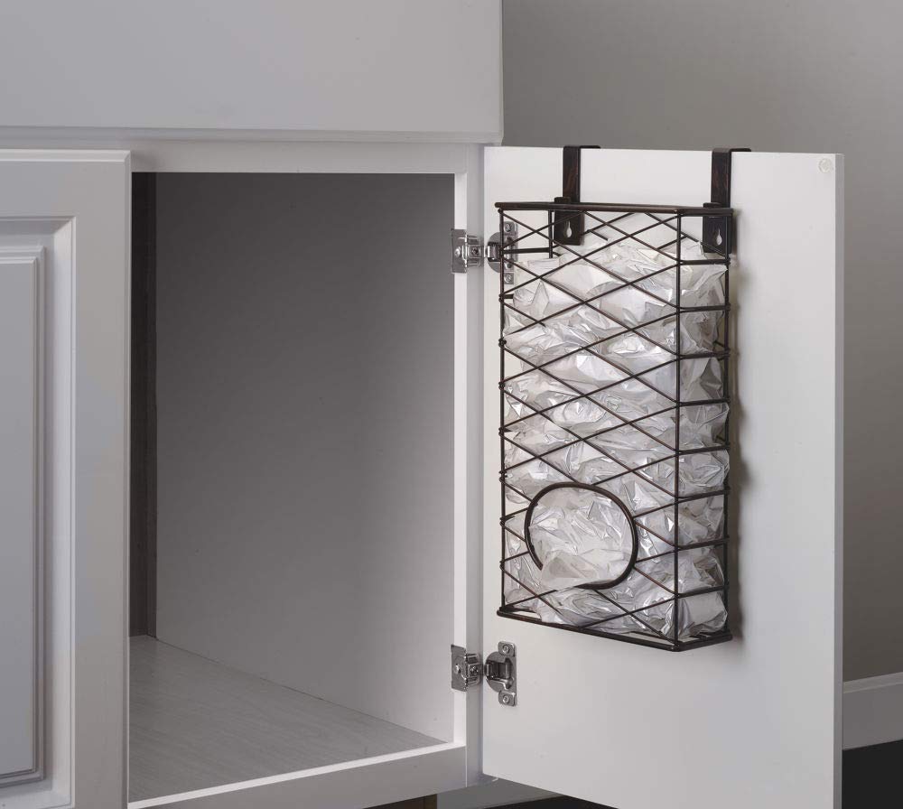 Mikasa Gourmet Basics Plastic Bag Holder Basket with Removable Hooks - Antique Black | Kitchen Storage Organizer for Grocery Bags, Trash Bags & Recycling | Space-Saving Under Cabinet Solution