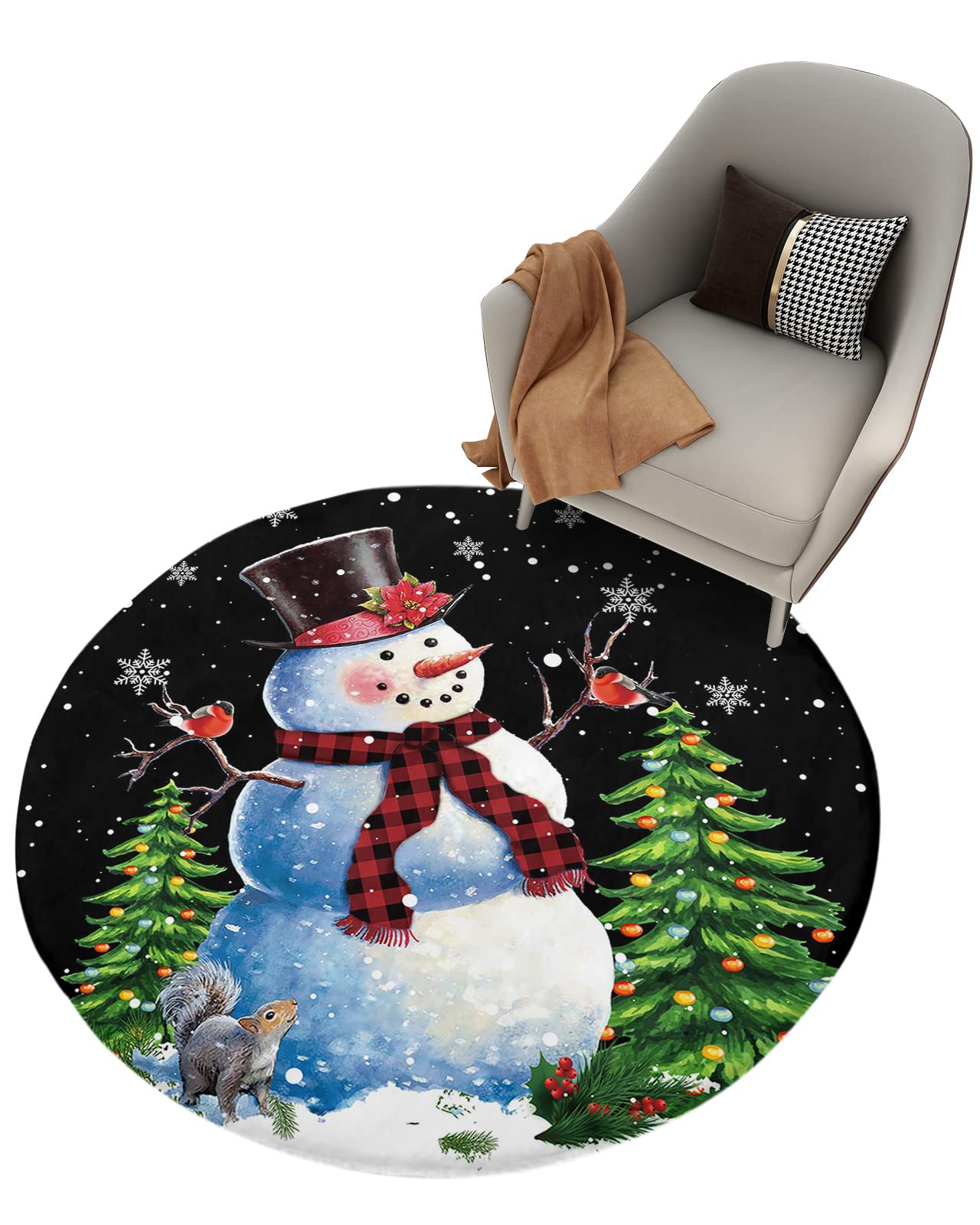 Soft Plush Shag Round Area Rug with Snowman & Cardinal Birds Design - Fluffy Circular Carpet for Bedroom, Living Room, Nursery & Kids Room - Perfect for Christmas Decor & Cozy Winter Home Decor