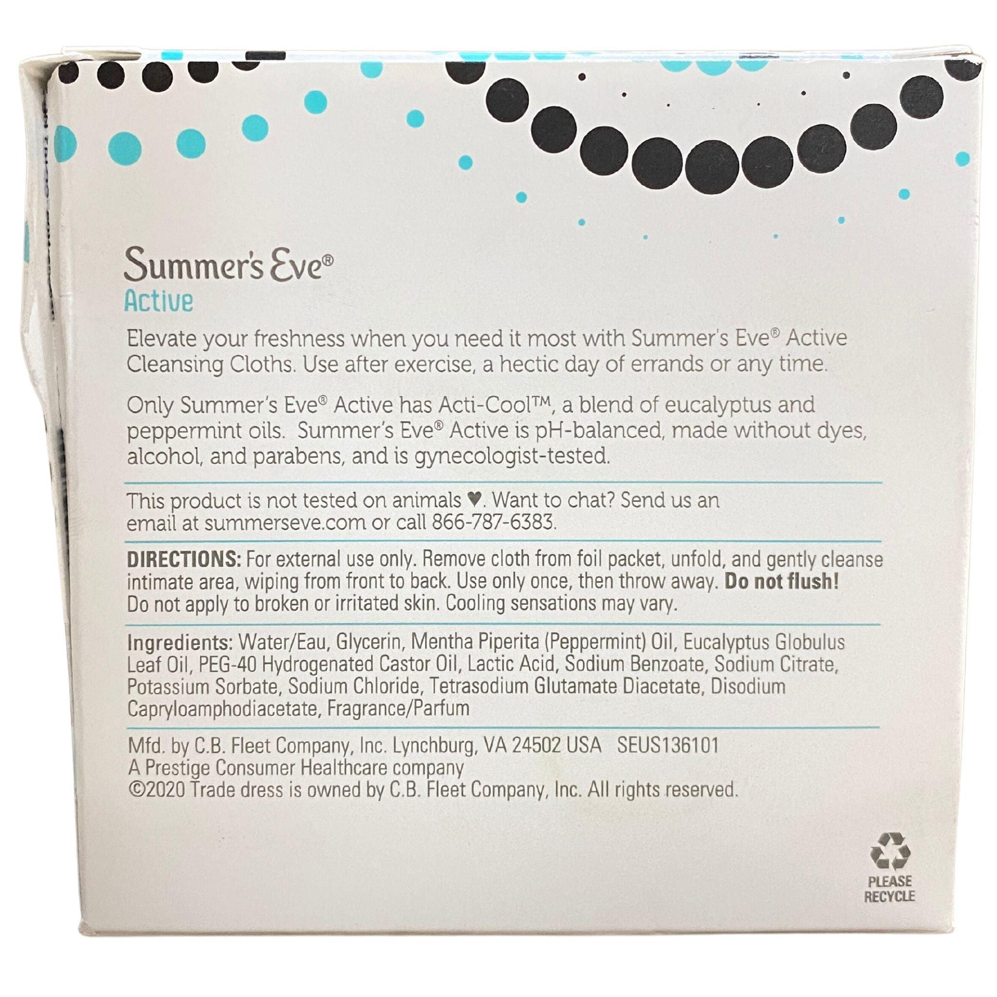 Summer's Eve Active Cleansing Cloths for Women - 50 Count Pack | pH-Balanced Feminine Wipes for Freshness & Odor Control | Perfect for Travel, Gym & On-The-Go Hygiene