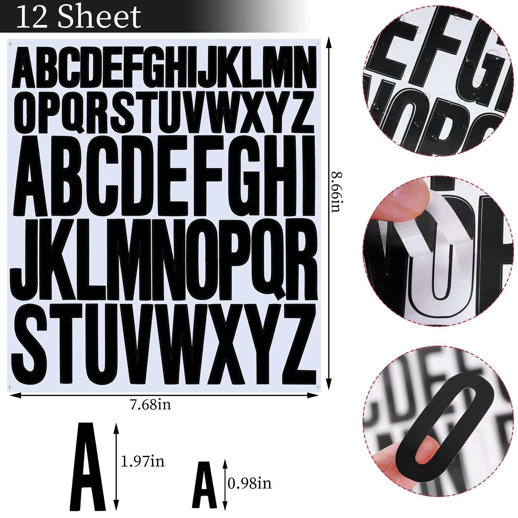 12 Sheets Black Self-Adhesive Alphabet Stickers - Waterproof Vinyl Letter Stickers for DIY Crafts, Water Bottles, Cars, Doors, Scrapbooking, Posters & Cups - Perfect for Home Decor, School Projects & Gift Wrapping