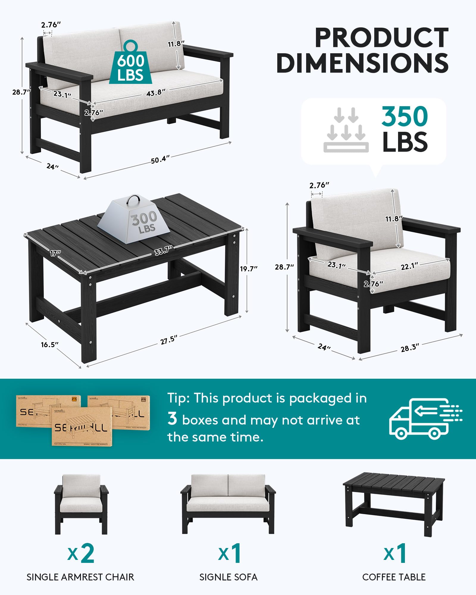 SERWALL 4-Piece Outdoor Patio Furniture Set - All-Weather HDPE Loveseat Sofa with Cushions & Coffee Table, Black Frame & Khaki Cushions for Garden, Deck, Backyard or Poolside Relaxation