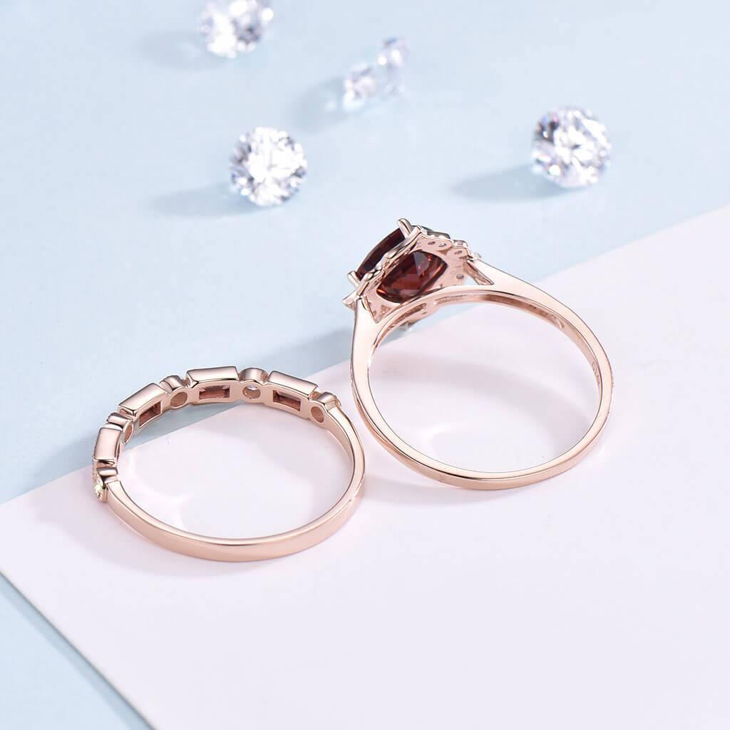 Floral Garnet and Diamond Wedding Ring Set - January Birthstone Jewelry for Engagement, Anniversary & Special Occasions